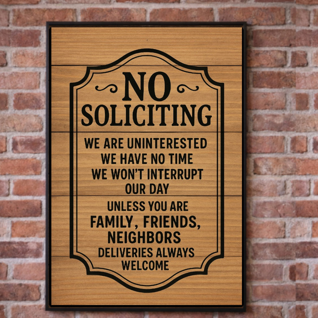 No Soliciting Door Sign – Laminated or Framed Front Door Warning | Rustic Wood Style Home Entry Sign