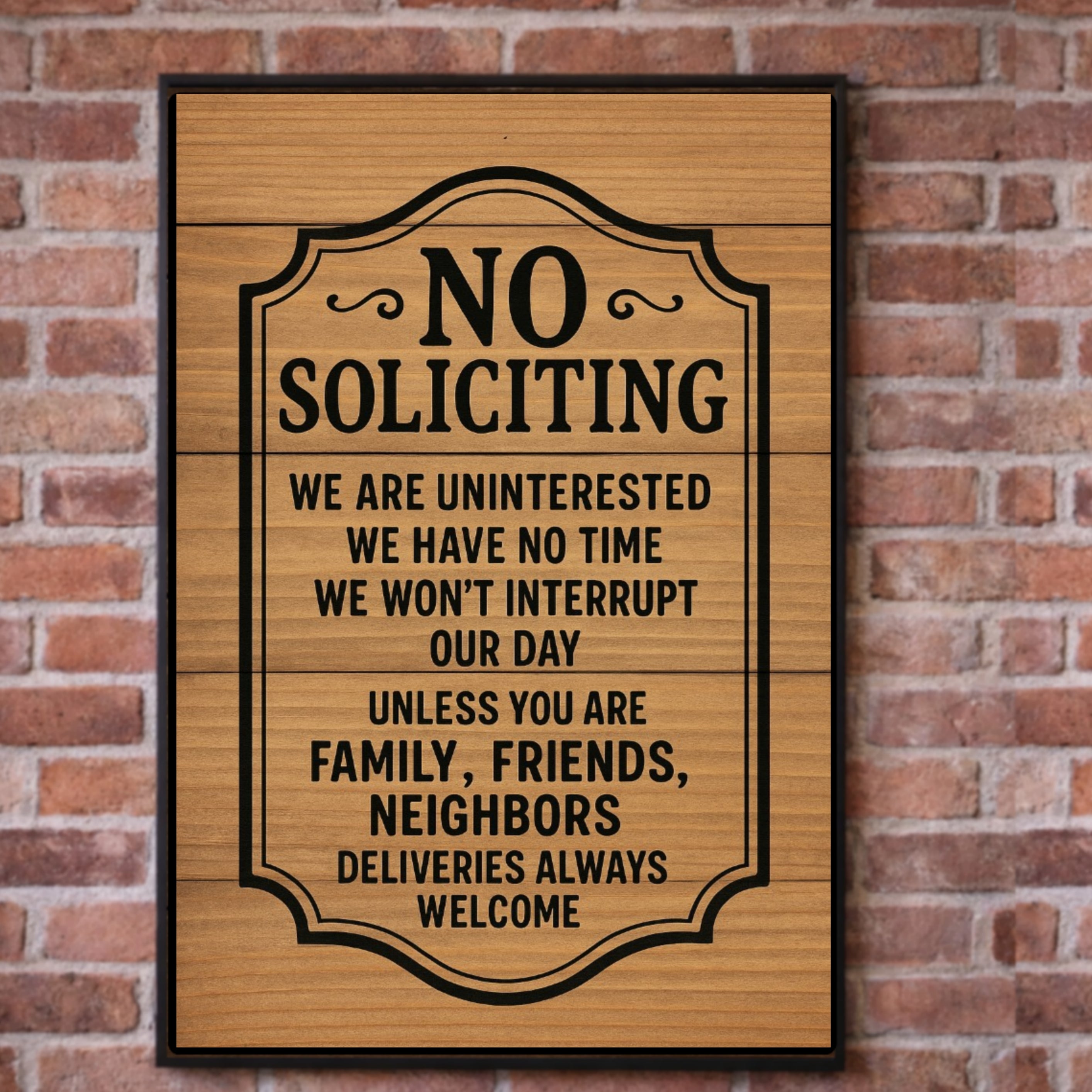 No Soliciting Door Sign – Laminated or Framed Front Door Warning | Rustic Wood Style Home Entry Sign