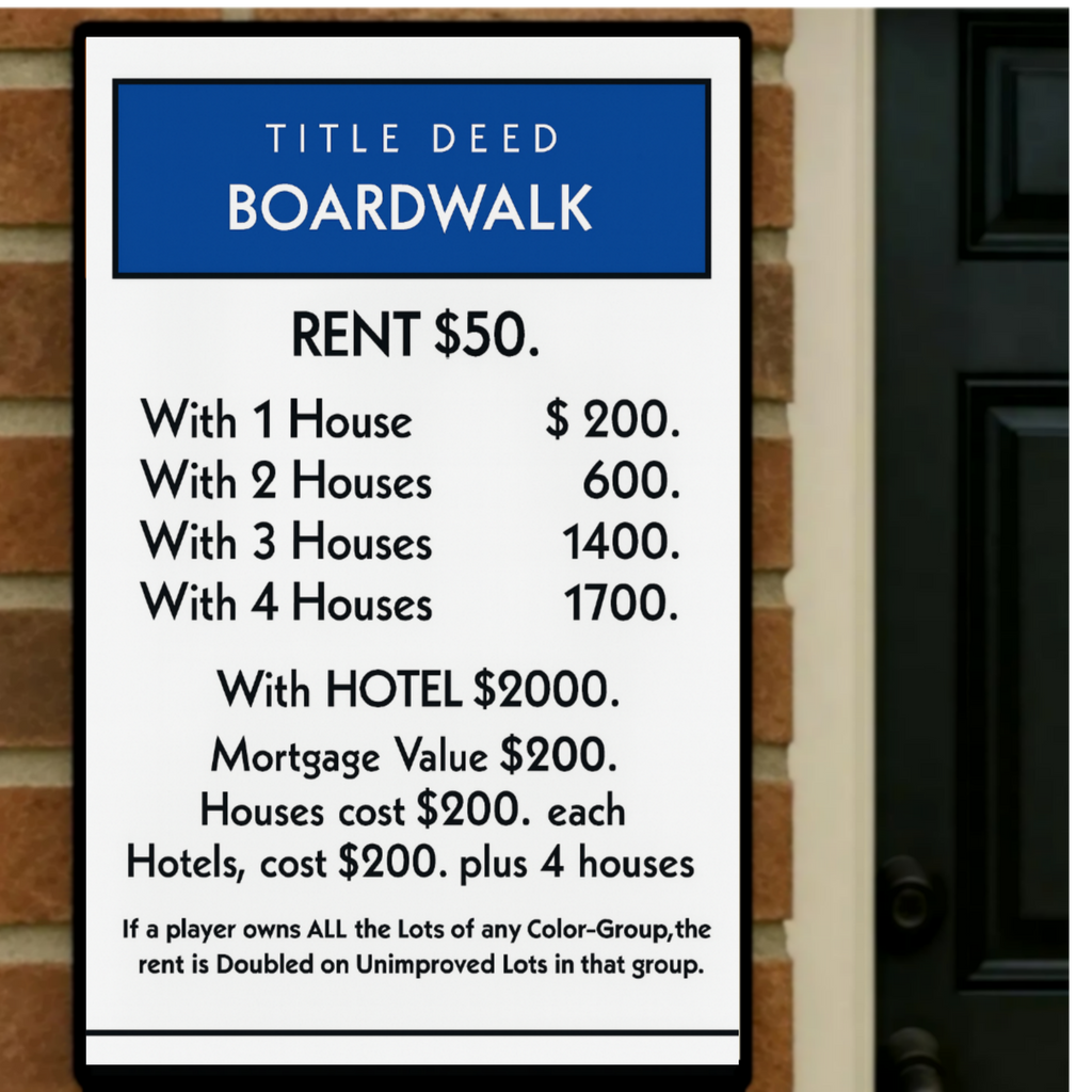 Boardwalk Title Deed Monopoly Laminated Print– Classic Game Inspired Wall Art | 13x19 Laminated Print
