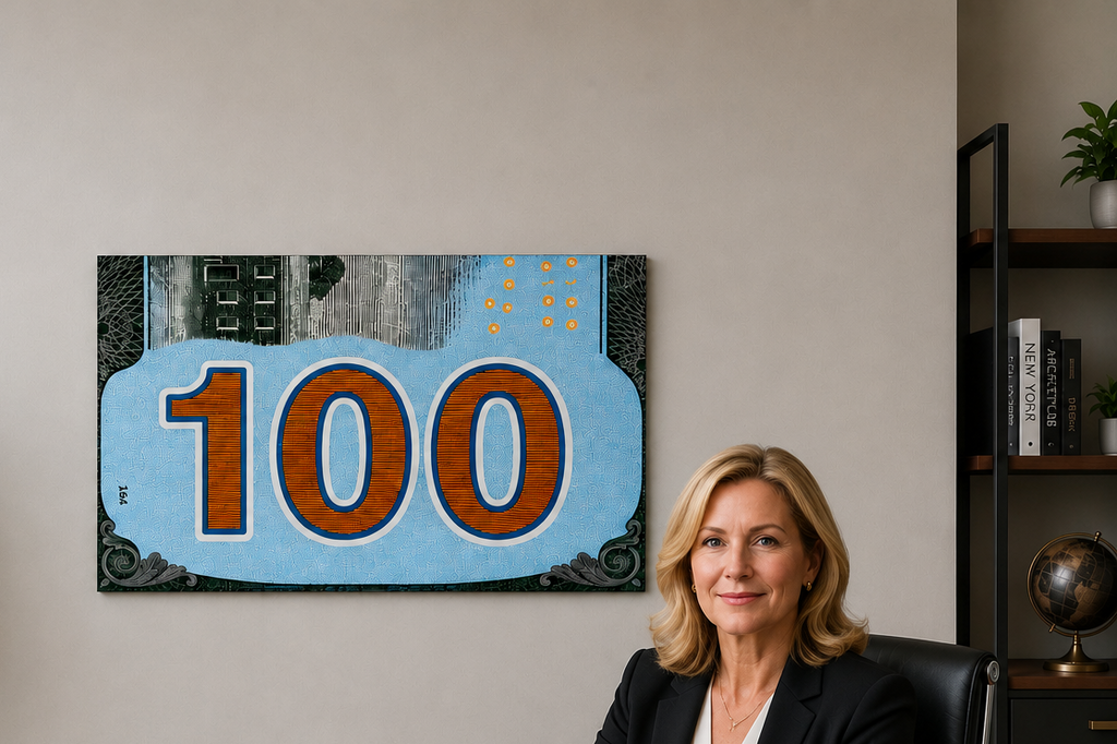 Turquoise 100 Dollar Bill Wall Art | Glossy 19x13 Money Print | Wooden Back Hanging Decor | Modern Office & Man Cave Wall Decor