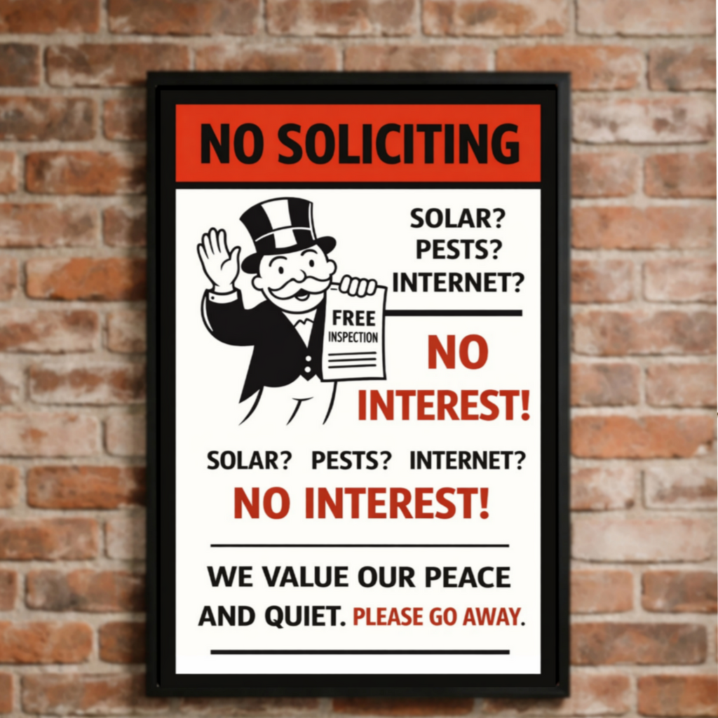 No Soliciting Sign No Interest We Value Our Peace And Quiet 13x19 Laminated Door Sign Funny No Salesmen Sign Home Decor
