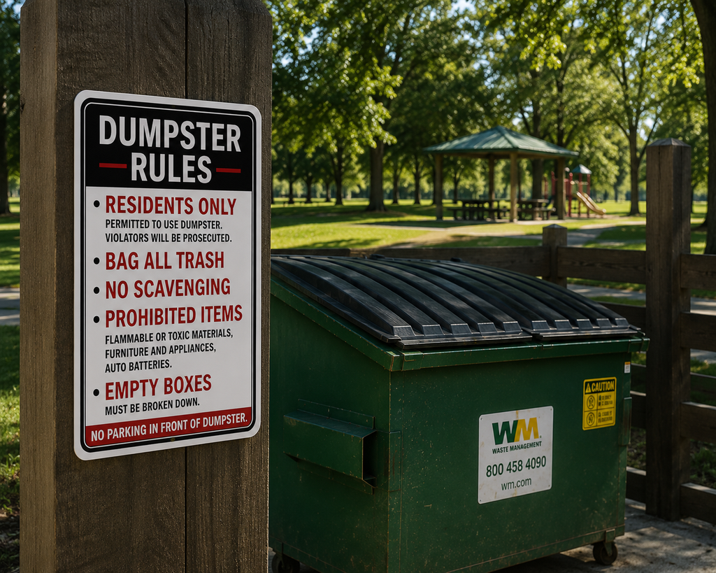 Dumpster Rules Sign Laminated 13x19 | Apartment Dumpster Rules Sign | Property Management Wall Sign | Trash Area Rules Decor