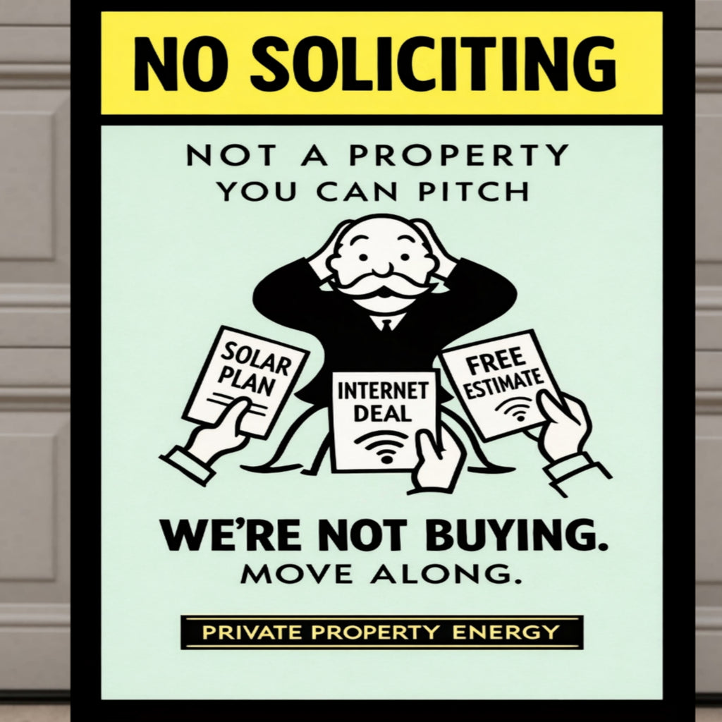 No Soliciting We’re Not Buying Sign Funny Door Sign Salesman Warning Sign 13x19 Laminated Home Protection Decor
