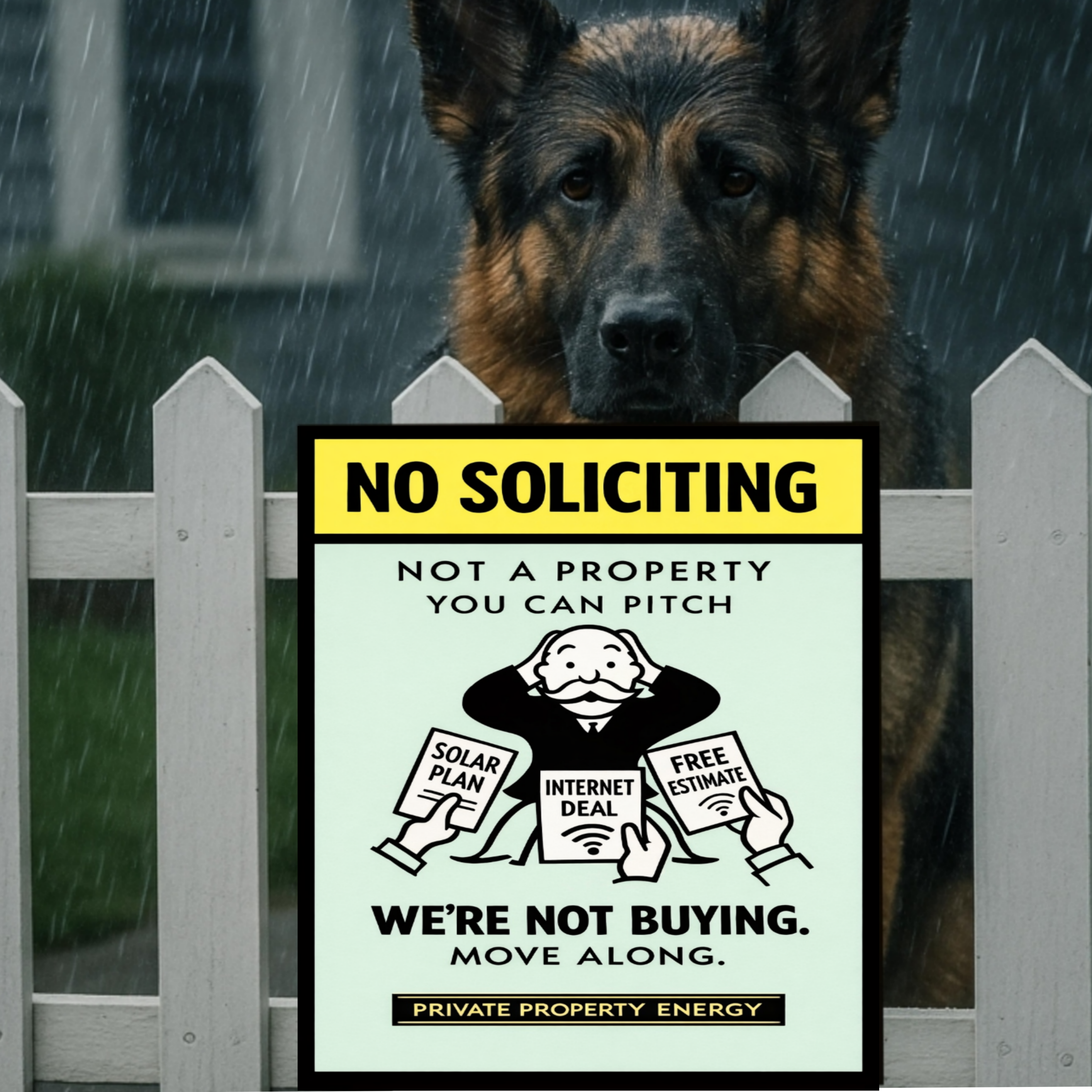 No Soliciting We’re Not Buying Sign Funny Door Sign Salesman Warning Sign 13x19 Laminated Home Protection Decor