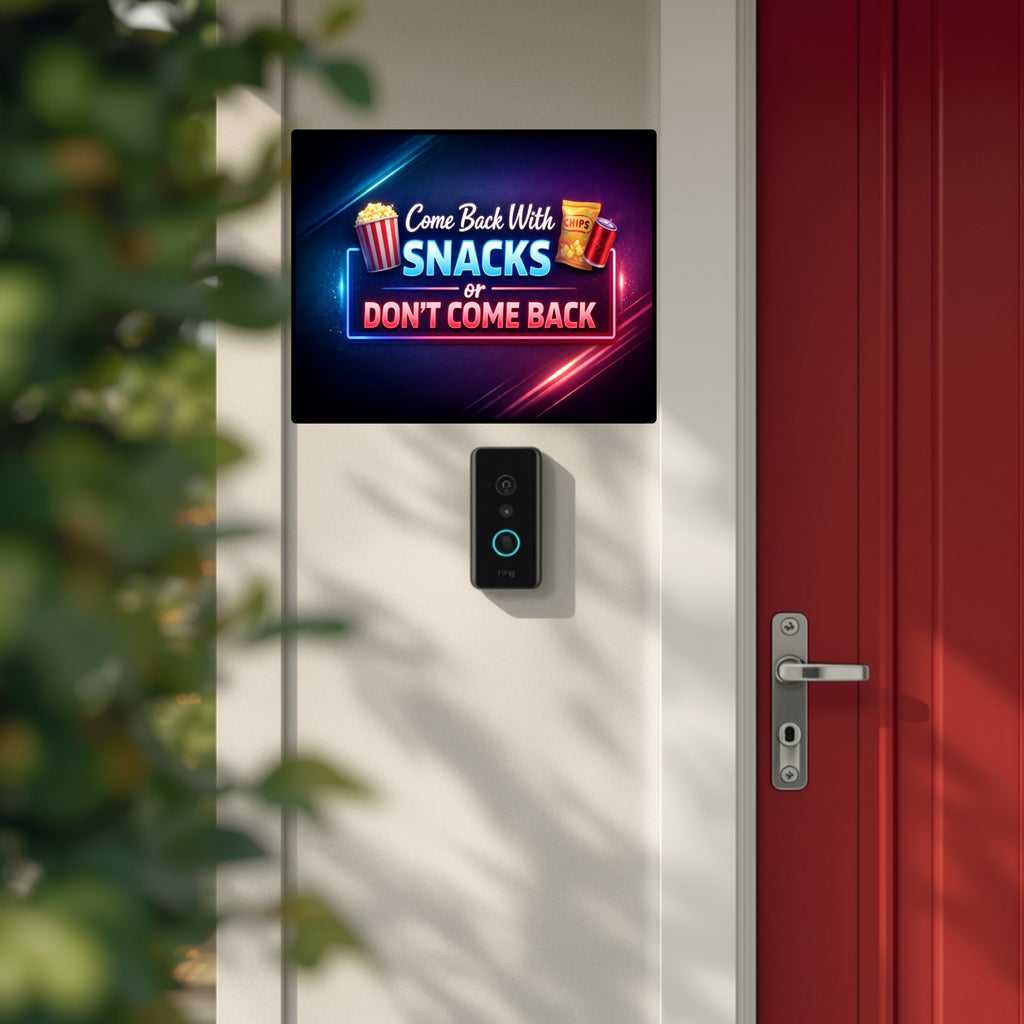 Funny No Soliciting Sign – “Come Back With Snacks or Don’t Come Back” | Do Not Knock Door Sign | Humorous Entryway Decor