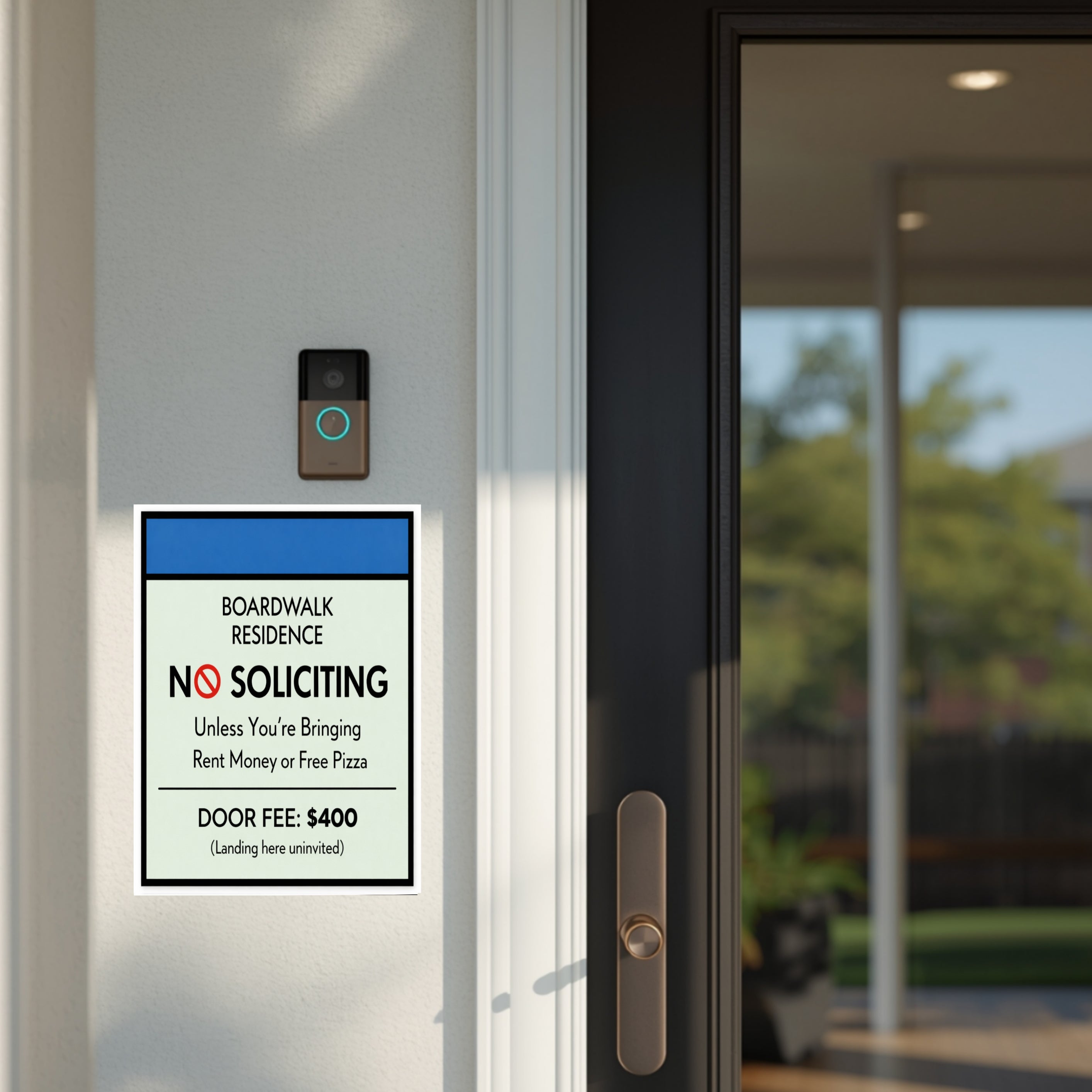 Boardwalk No Soliciting Sign – Funny Door Sign | “Unless You’re Bringing Rent or Pizza” | Modern Home Entry Decor