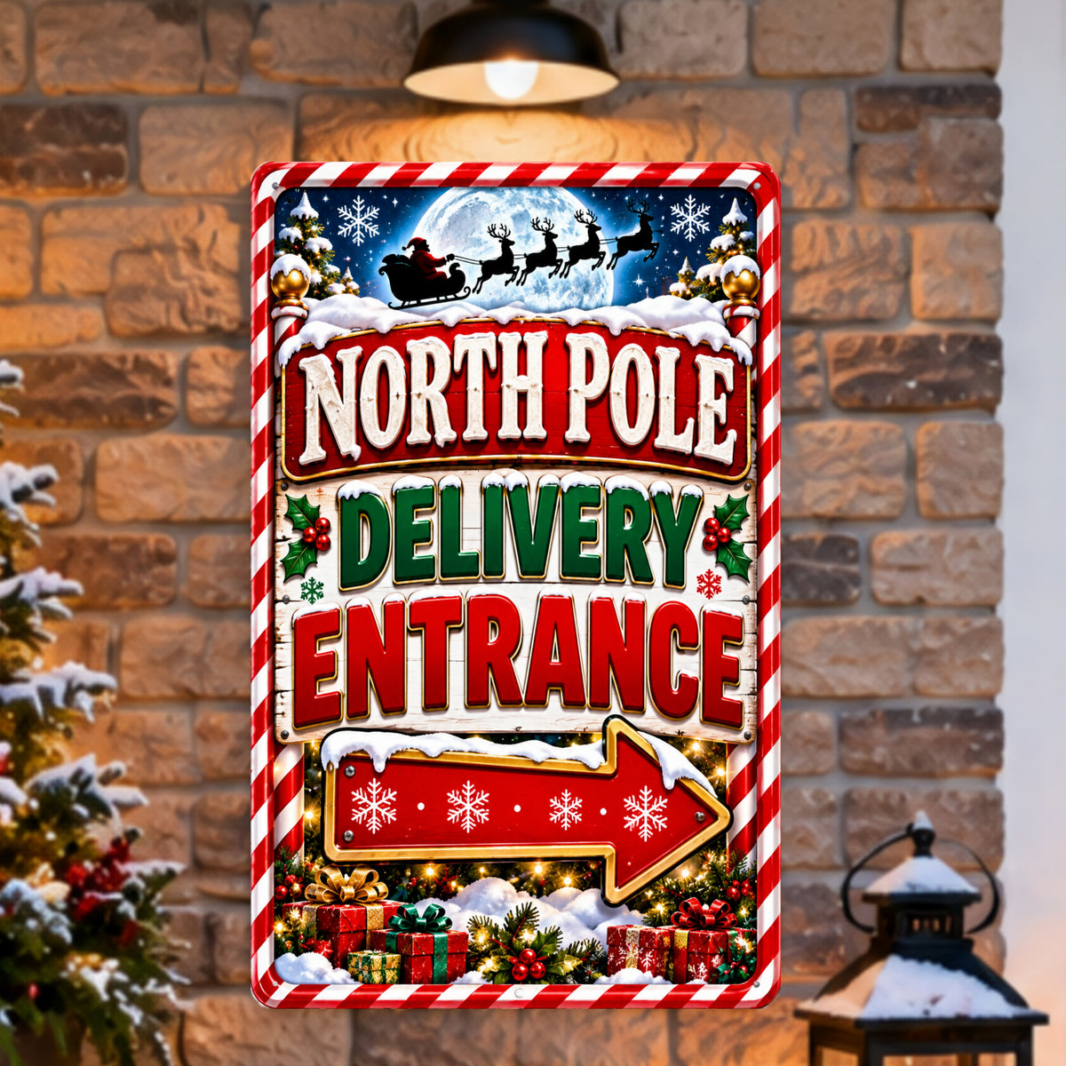 North Pole Delivery Entrance Sign, 13x19 Laminated Santa Christmas Holiday Decor