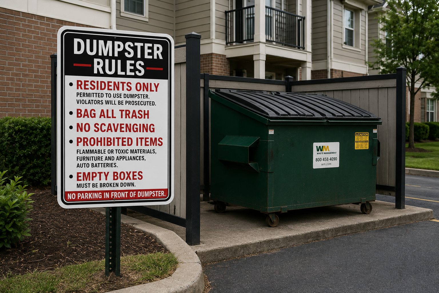 Dumpster Rules Sign Laminated 13x19 | Apartment Dumpster Rules Sign | Property Management Wall Sign | Trash Area Rules Decor