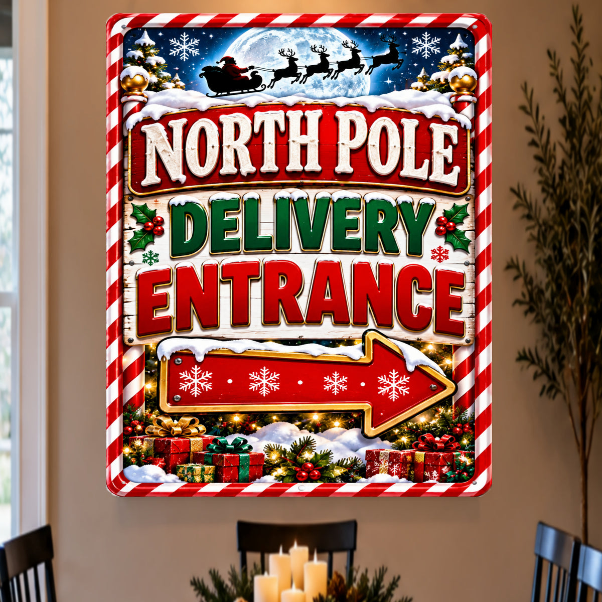 North Pole Delivery Entrance Sign, 13x19 Laminated Santa Christmas Holiday Decor