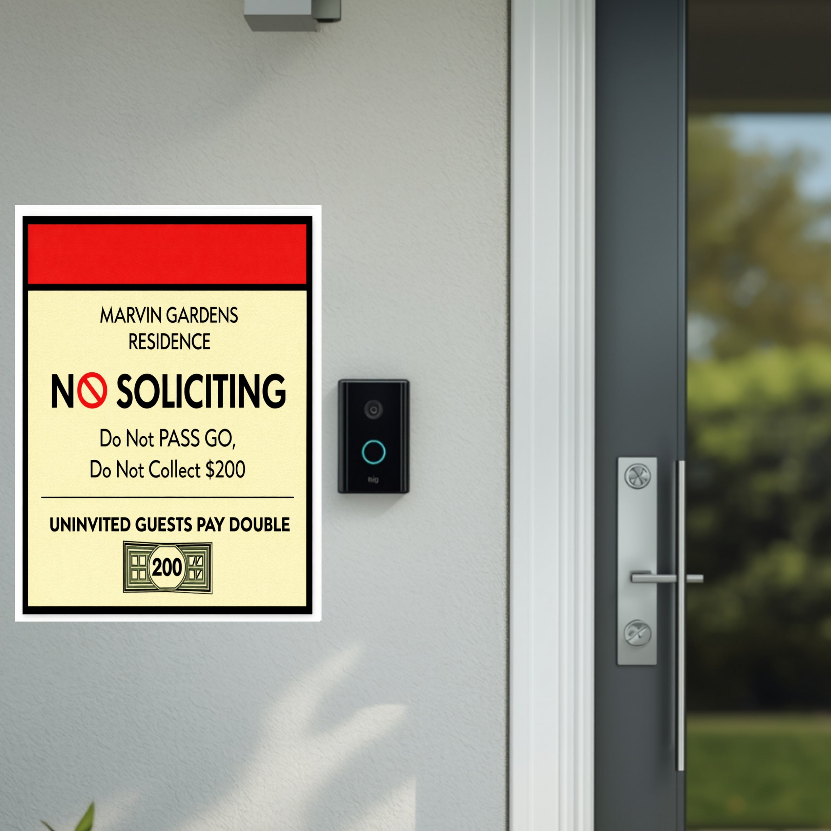 Marvin Gardens No Soliciting Sign – Monopoly Style Door Sign | “Do Not Pass Go, Do Not Collect $200” | Funny Entry Sign
