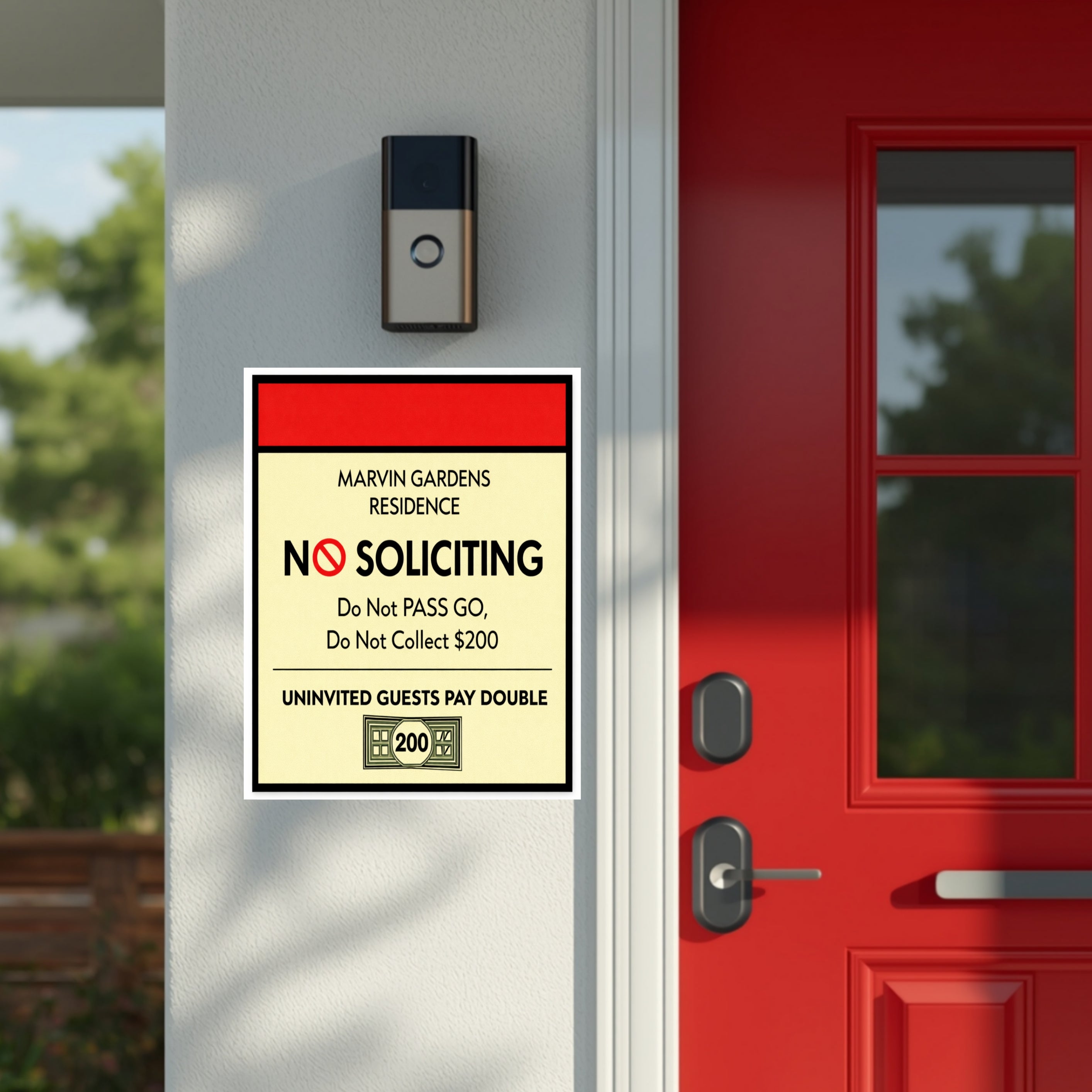 Marvin Gardens No Soliciting Sign – Monopoly Style Door Sign | “Do Not Pass Go, Do Not Collect $200” | Funny Entry Sign