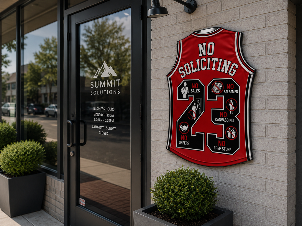 No Soliciting Jersey Sign 19x13in | Laminated Wooden Door Sign | Weather Sealed Sports Style Wall Decor | Cut Out Jersey Sign