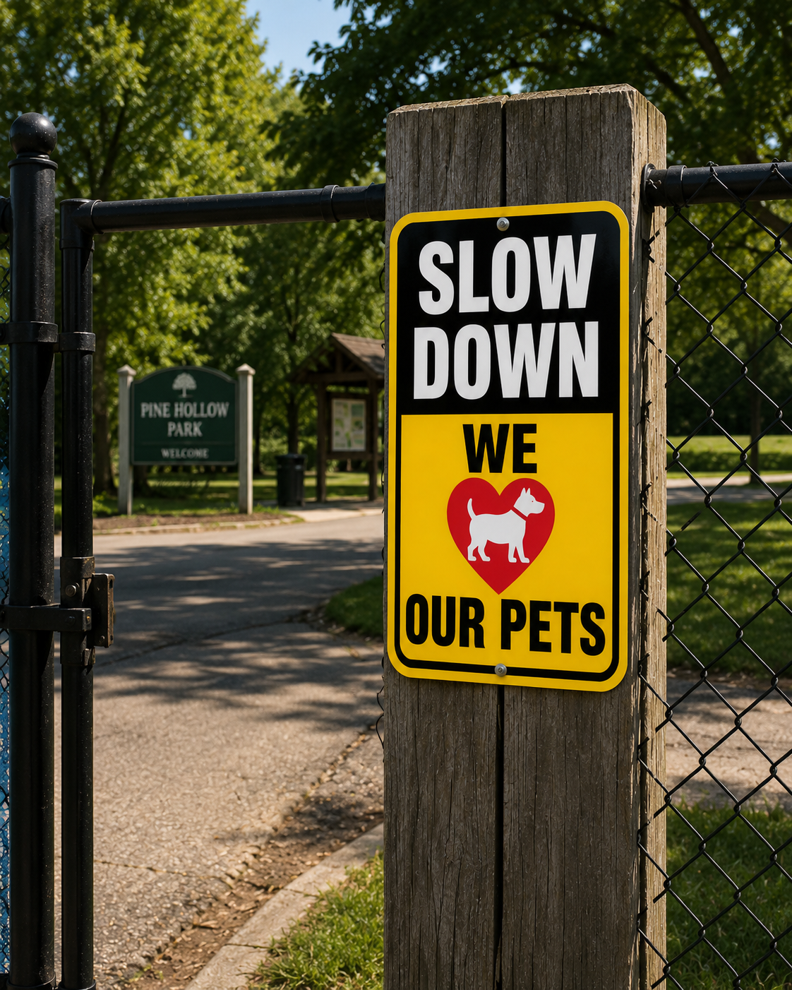 Slow Down We Love Our Pets Sign Laminated 13x19 | Pet Safety Yard Sign | Dog Lover Wall Decor | Funny Outdoor Warning Sign