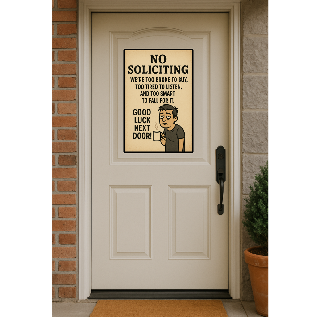 Funny No Soliciting Sign – We’re Too Broke To Buy – 13x19 Laminated Humorous Wall Art