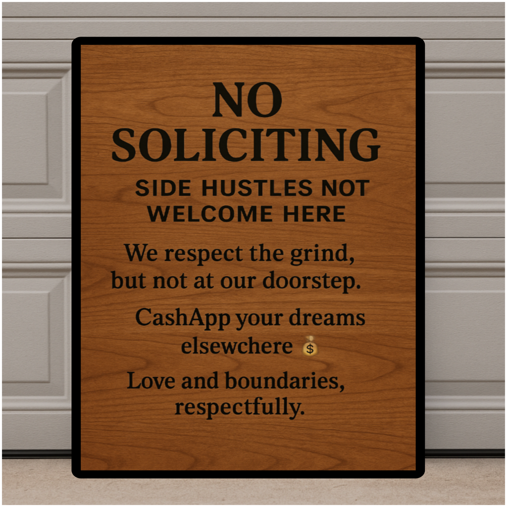 No Soliciting Side Hustles Sign – Funny Front Door Warning Sign | Home Privacy Decor 13x19in Laminated Print