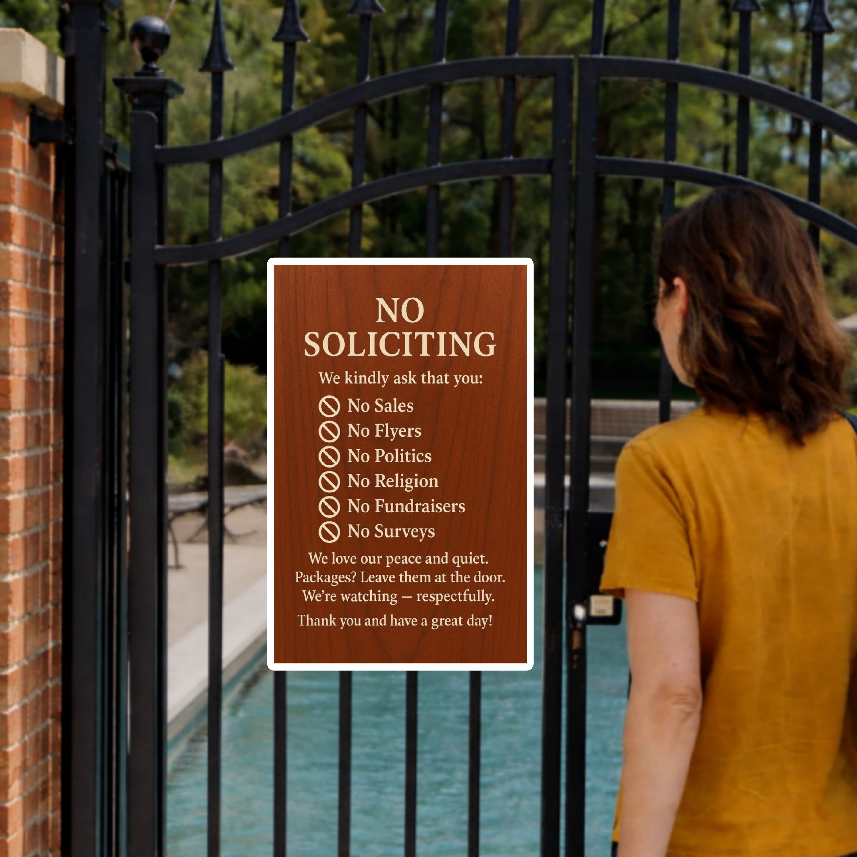 Elegant No Soliciting Sign – Polite Door Sign with Rules – 13x19 Laminated Front Door Notice – No Sales No Flyers No Politics