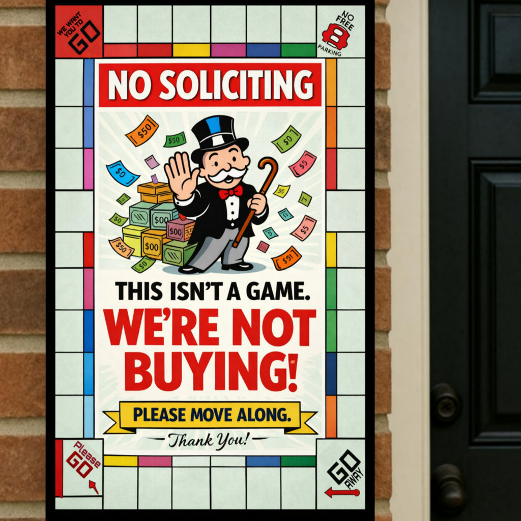 No Soliciting Monopoly Sign We’re Not Buying Please Move Along 13x19 Laminated Funny Door Sign No Salesmen Home Security Decor
