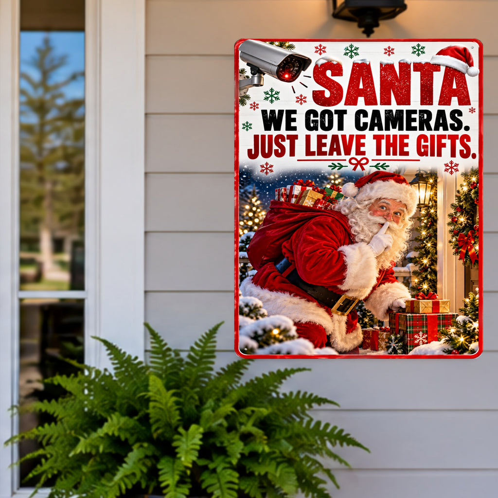 Funny Santa Christmas Sign, We Got Cameras 13x19 Laminated Holiday Window Decor