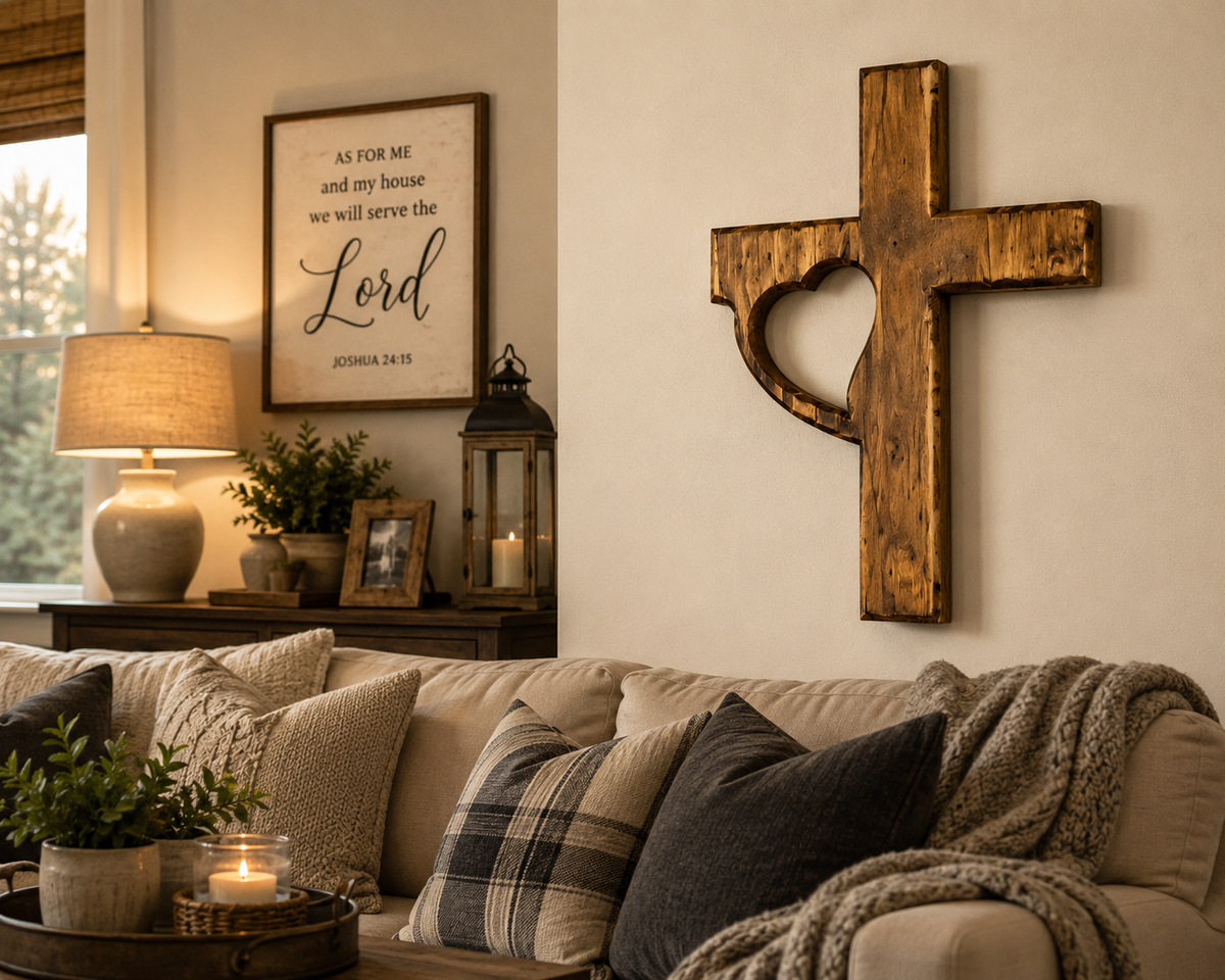 Handmade Wooden Cross Wall Decor with Heart Cutout | Rustic Christian Wall Art | Luxury Farmhouse Faith Decor 12x18