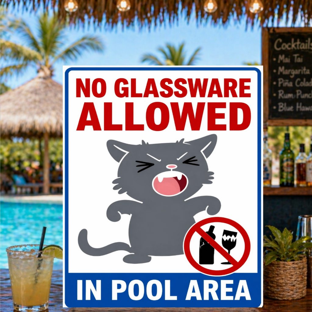 No Glassware Allowed In Pool Area Funny Pool Sign 13x19 Laminated Pool Rules Decor Backyard Pool Safety Sign