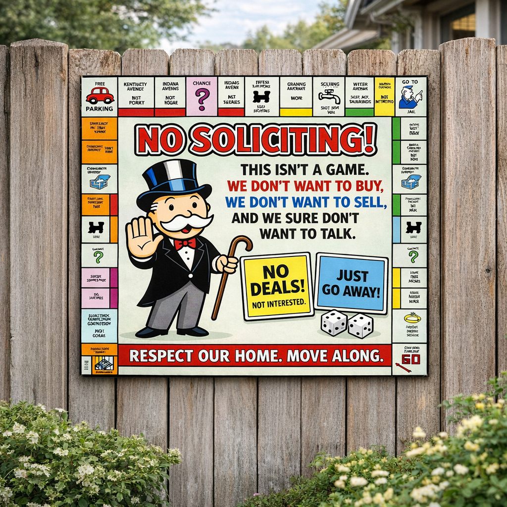 Funny No Soliciting Monopoly Style Sign We Don’t Want To Buy Or Sell 12x12in Laminated Door Sign Home Protection Decor