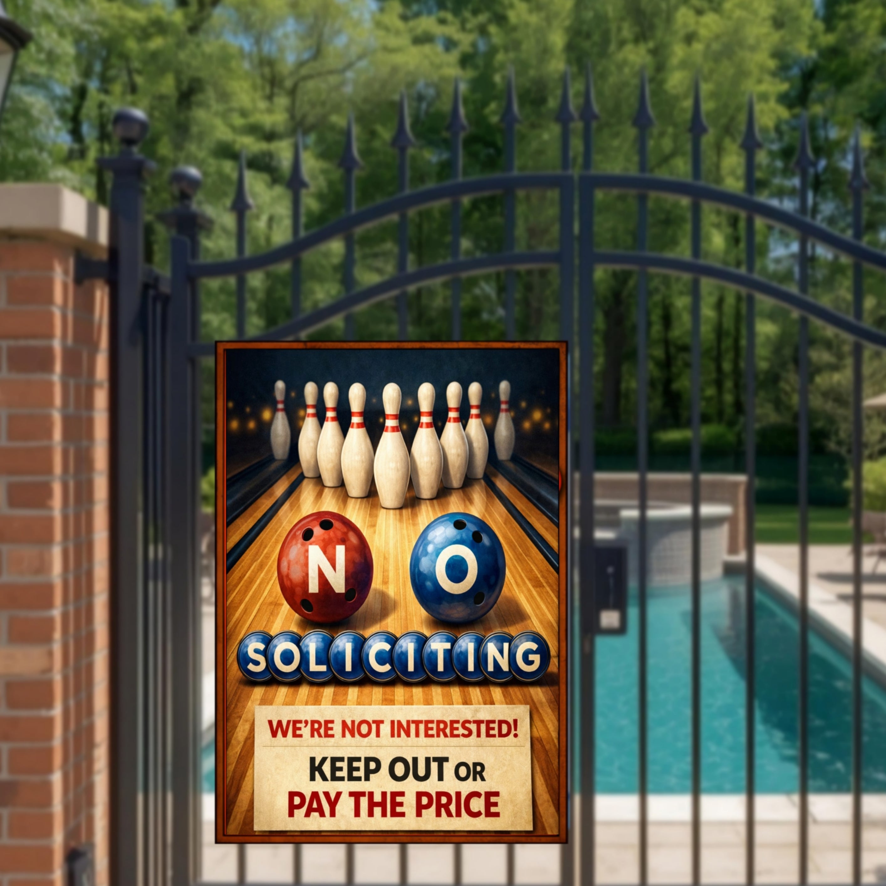 No Soliciting Bowling Sign Funny Door Sign Keep Out Or Pay The Price 13x19 Laminated Home Security Yard Sign Funny Warning Decor