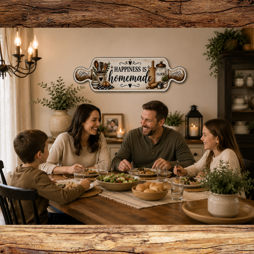 Real Wood Rolling Pin Kitchen Sign | Farmhouse Kitchen Decor | Handmade Rustic Wall Hanging | Happiness Is Homemade Sign