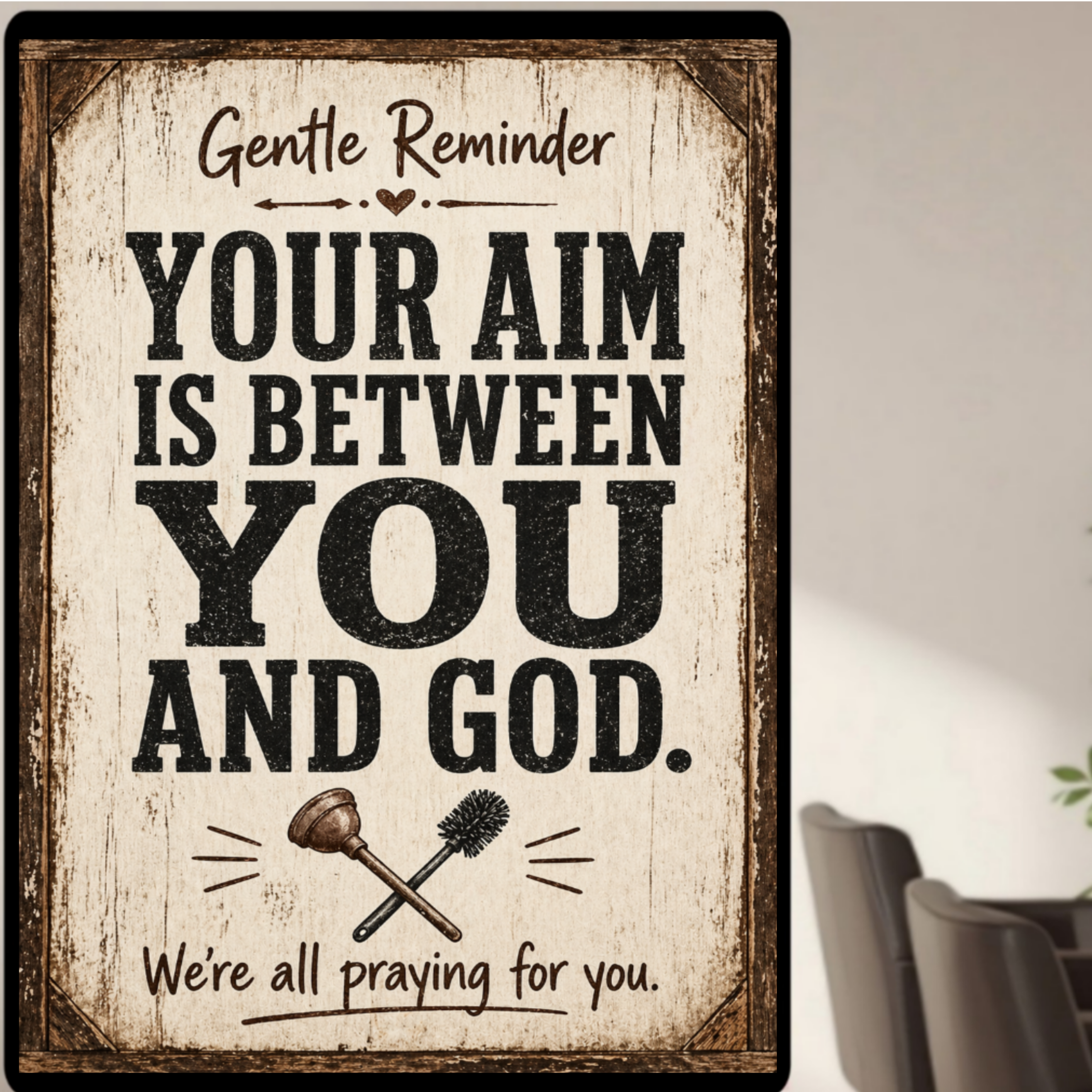 Funny Bathroom Sign – "Your Aim Is Between You And God" | 13x19 Laminated Rustic Farmhouse Wall Art