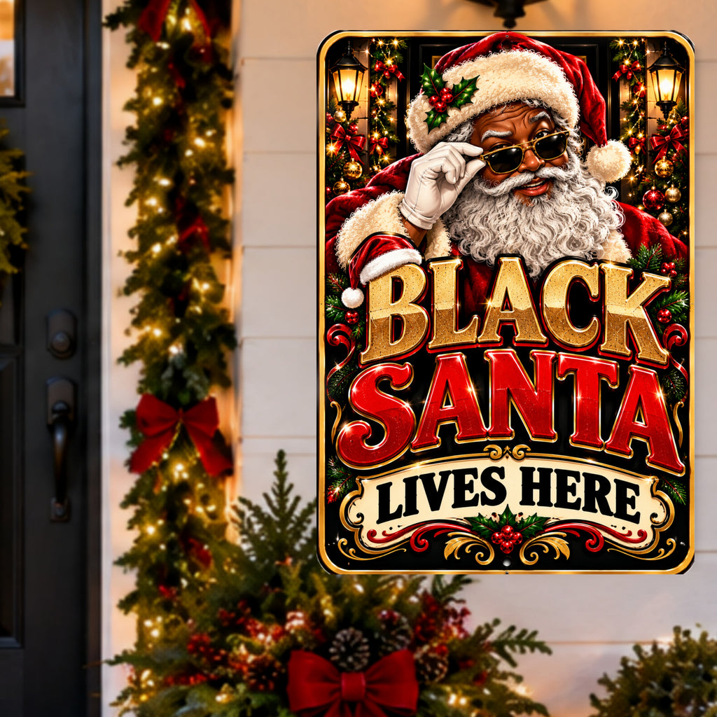 Black Santa Lives Here Sign, 13x19 Laminated African American Christmas Wall Decor