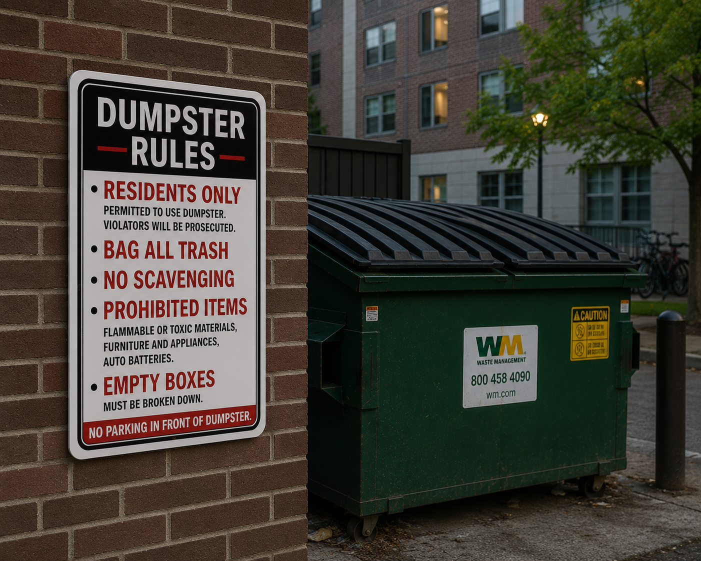 Dumpster Rules Sign Laminated 13x19 | Apartment Dumpster Rules Sign | Property Management Wall Sign | Trash Area Rules Decor