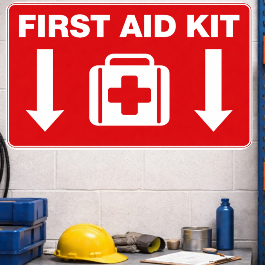 First Aid Kit Sign 12x12 – Emergency First Aid Location Sign, Safety Wall Sign, Laminated Front Aluminum Backing Weather Resistant