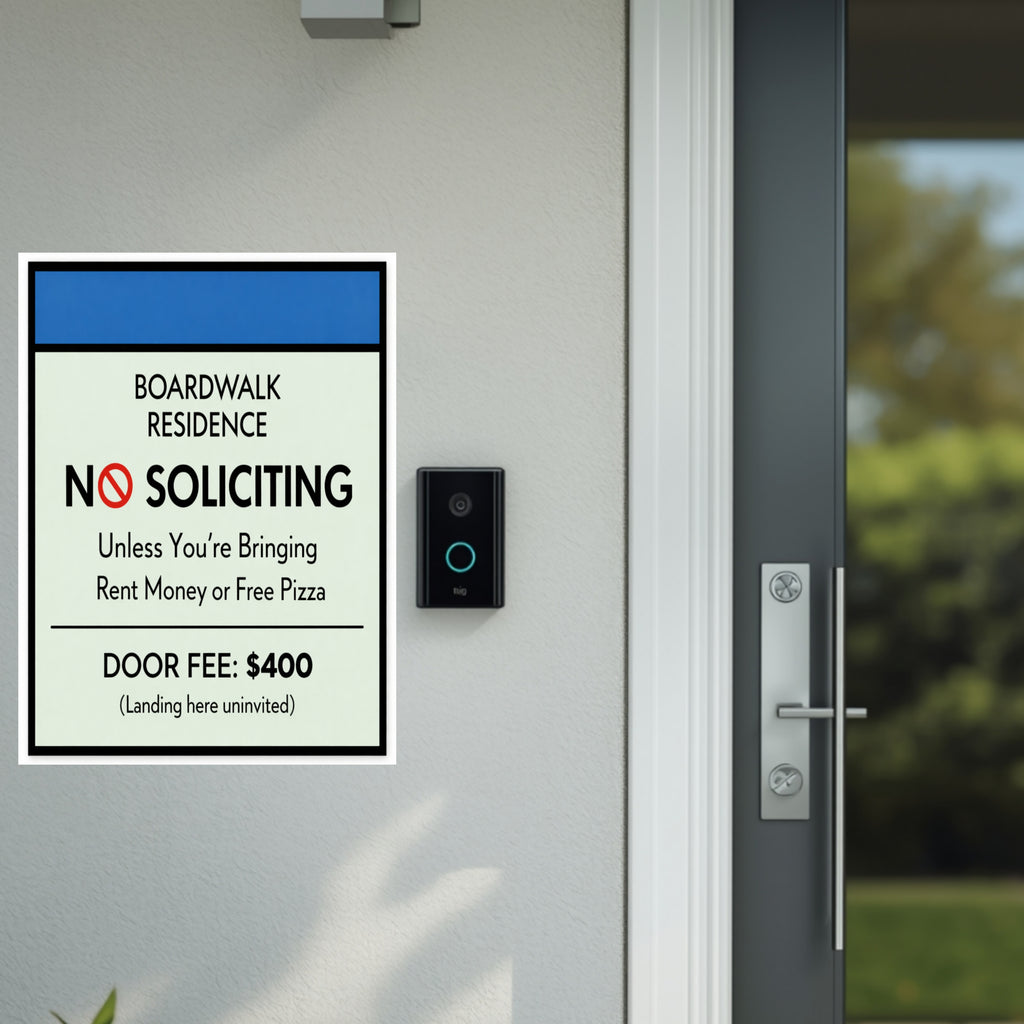 Boardwalk No Soliciting Sign – Funny Door Sign | “Unless You’re Bringing Rent or Pizza” | Modern Home Entry Decor