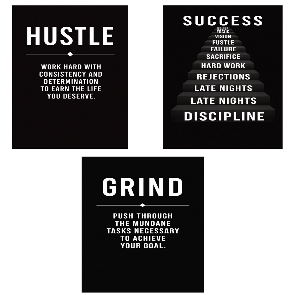 Hustle Success Grind Wall Art Set Motivational Posters Black Office Decor Entrepreneur Mindset Prints 13x19  Laminated