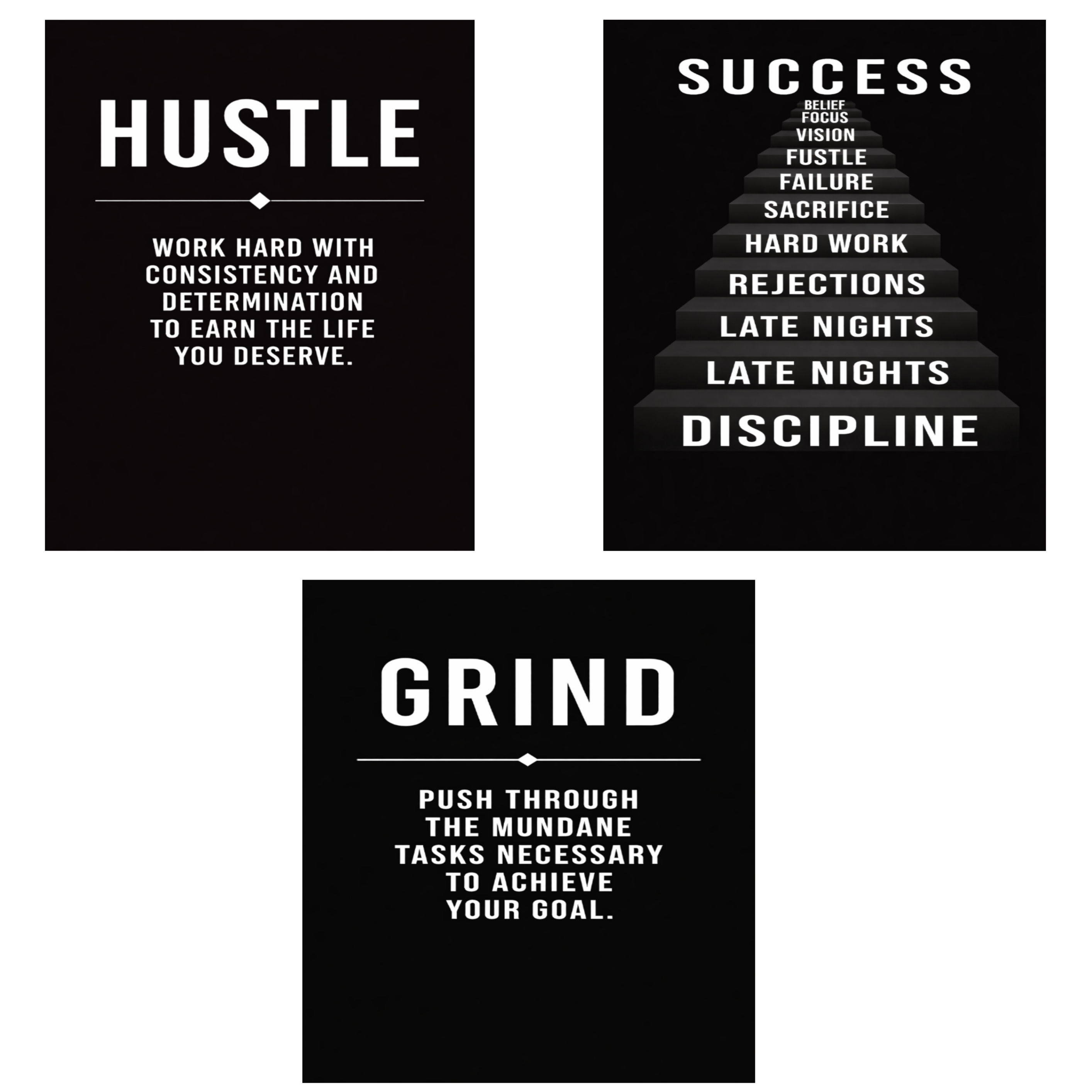 Hustle Success Grind Wall Art Set Motivational Posters Black Office Decor Entrepreneur Mindset Prints 13x19  Laminated