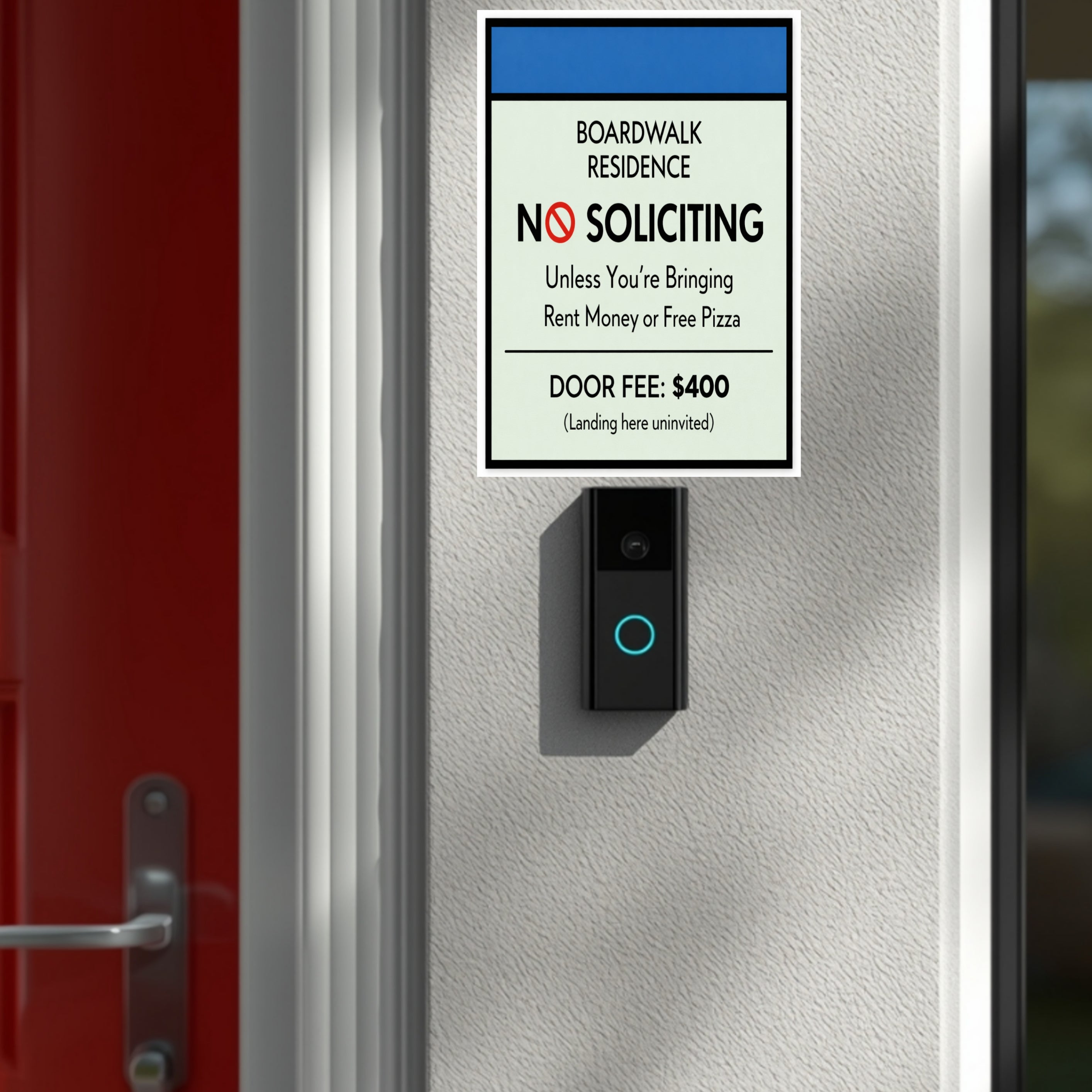 Boardwalk No Soliciting Sign – Funny Door Sign | “Unless You’re Bringing Rent or Pizza” | Modern Home Entry Decor