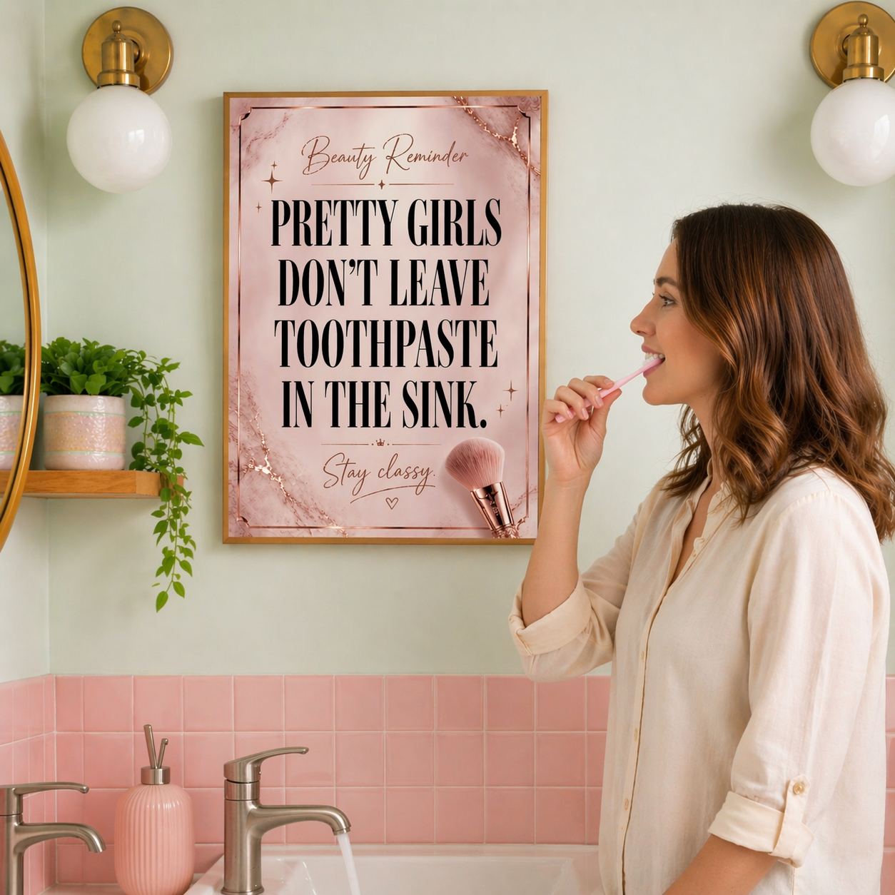 Pretty Girls Don’t Leave Toothpaste In The Sink Bathroom Sign 13x19 Laminated Girly Bathroom Decor Funny Beauty Wall Art