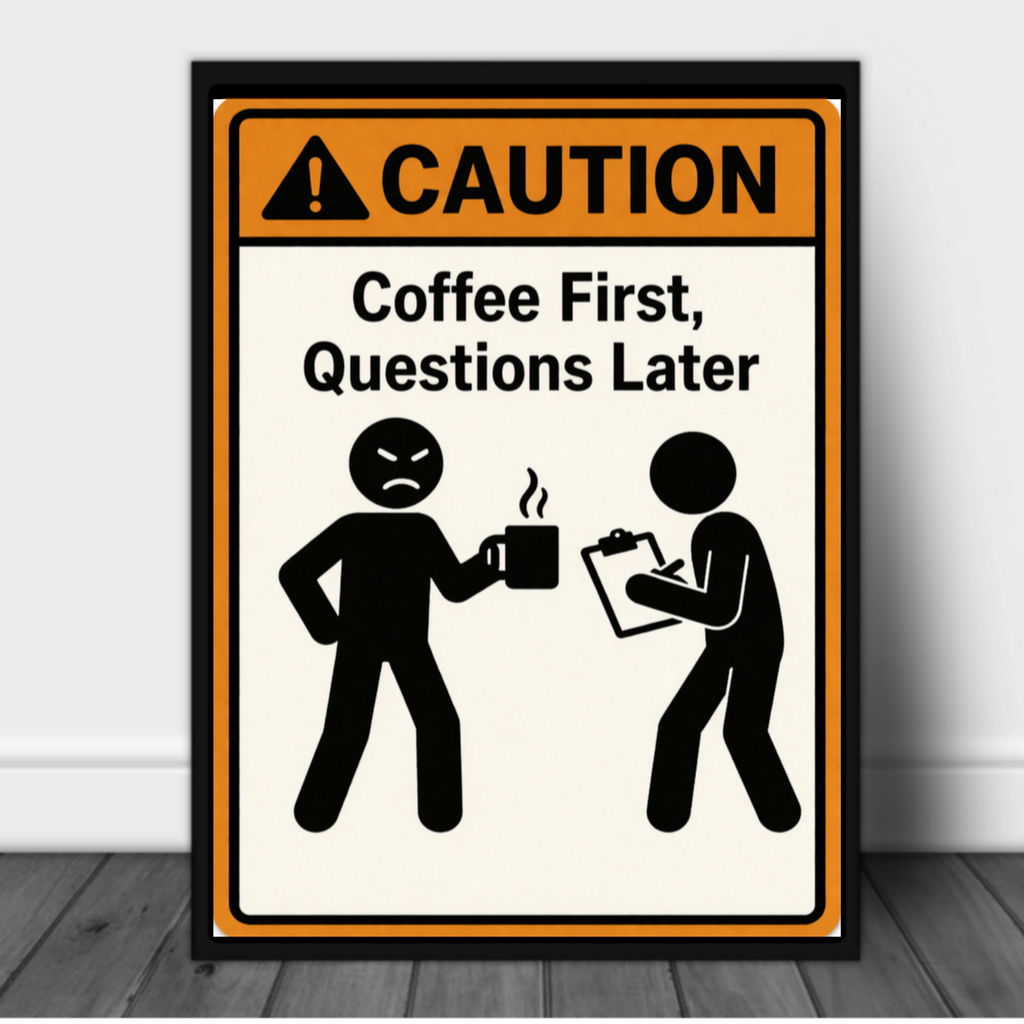 Coffee First Questions Later Funny Morning Sign Humor Kitchen Decor 13x19 Laminated Weather Sealed Wall Art