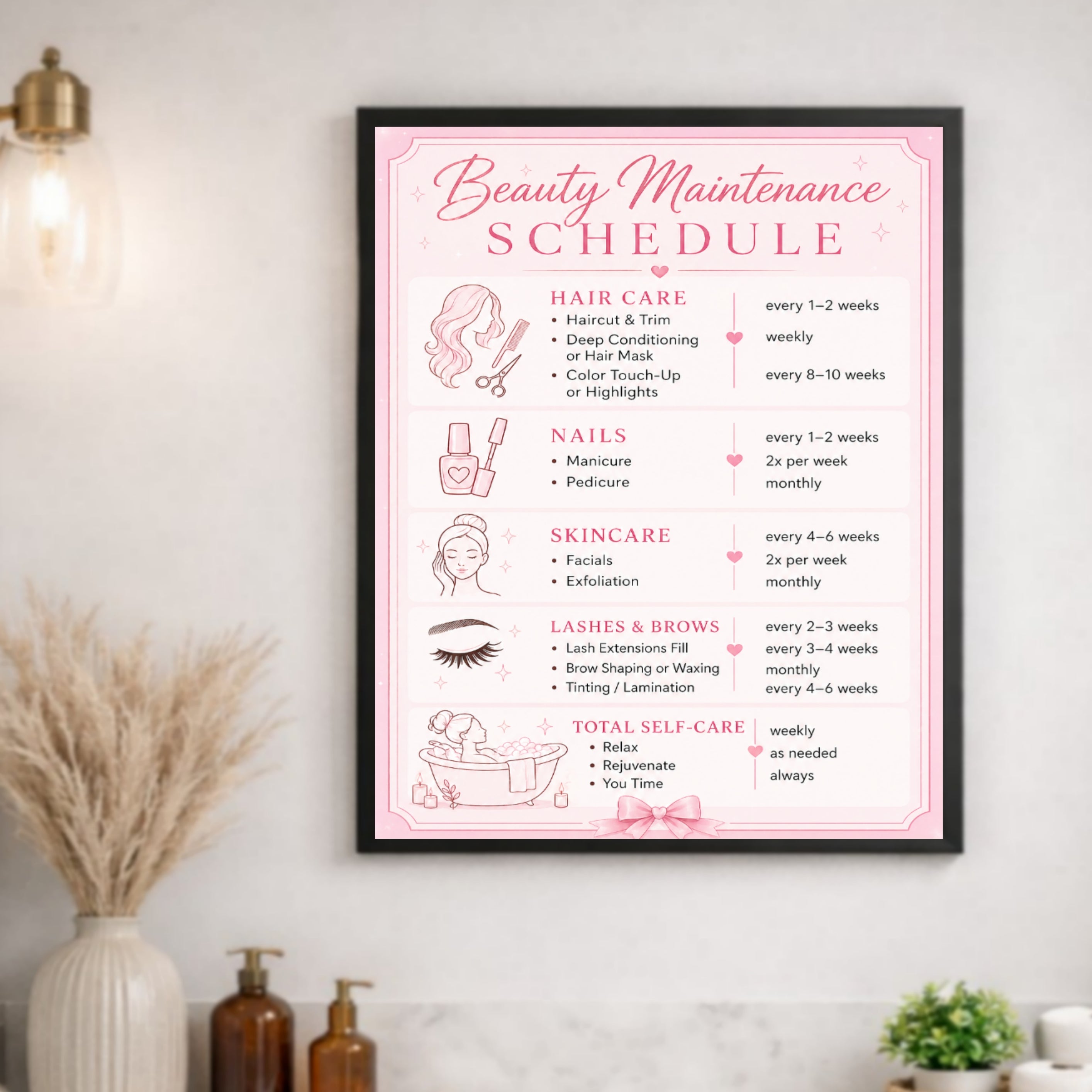 Personalized Beauty Maintenance Schedule Sign | Pink Self Care Wall Decor | Custom Beauty Routine Poster | Girly Bathroom Decor | Laminated Print