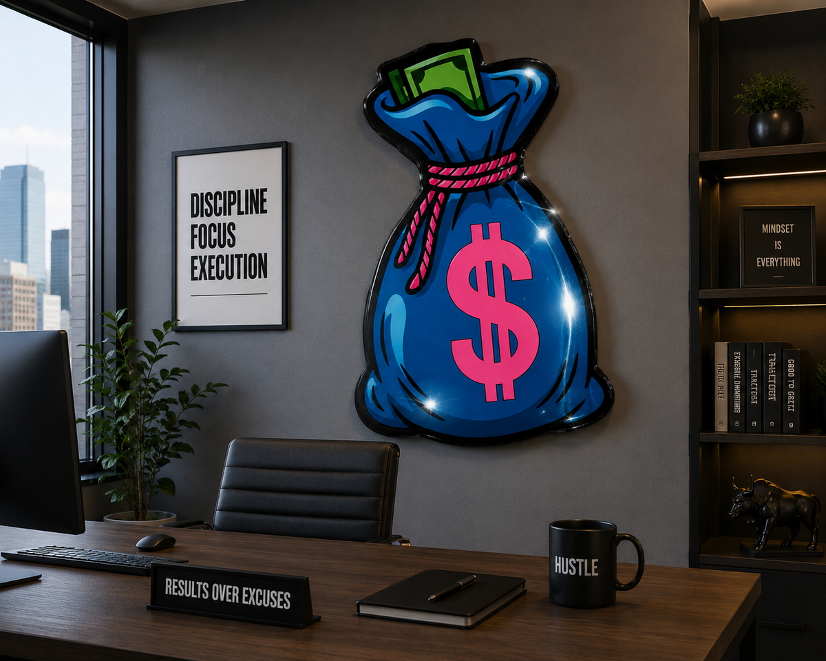 Real Wood Money Bag Wall Art | 12x18 Motivational Office Decor | Glossy Wall Sign | Hustle Mindset Business Decor