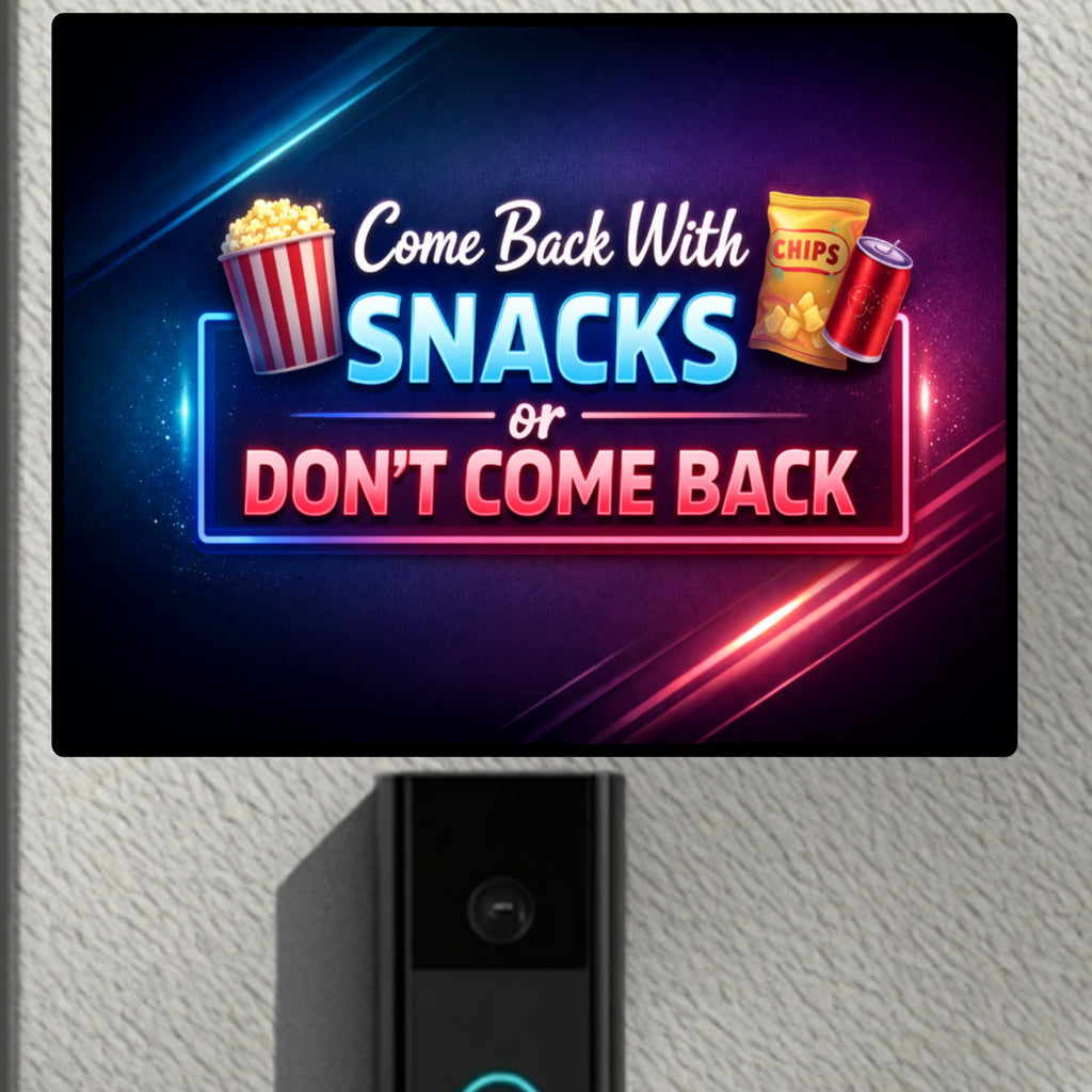 Funny No Soliciting Sign – “Come Back With Snacks or Don’t Come Back” | Do Not Knock Door Sign | Humorous Entryway Decor