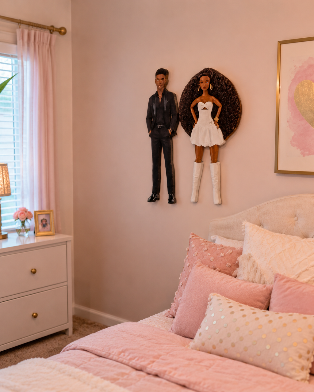 12x18 Wooden Black Barbie & Ken Wall Art | Glossy Handmade Couple Cutouts | Black Couple Bedroom Decor | Fashion Doll Wall Hanging