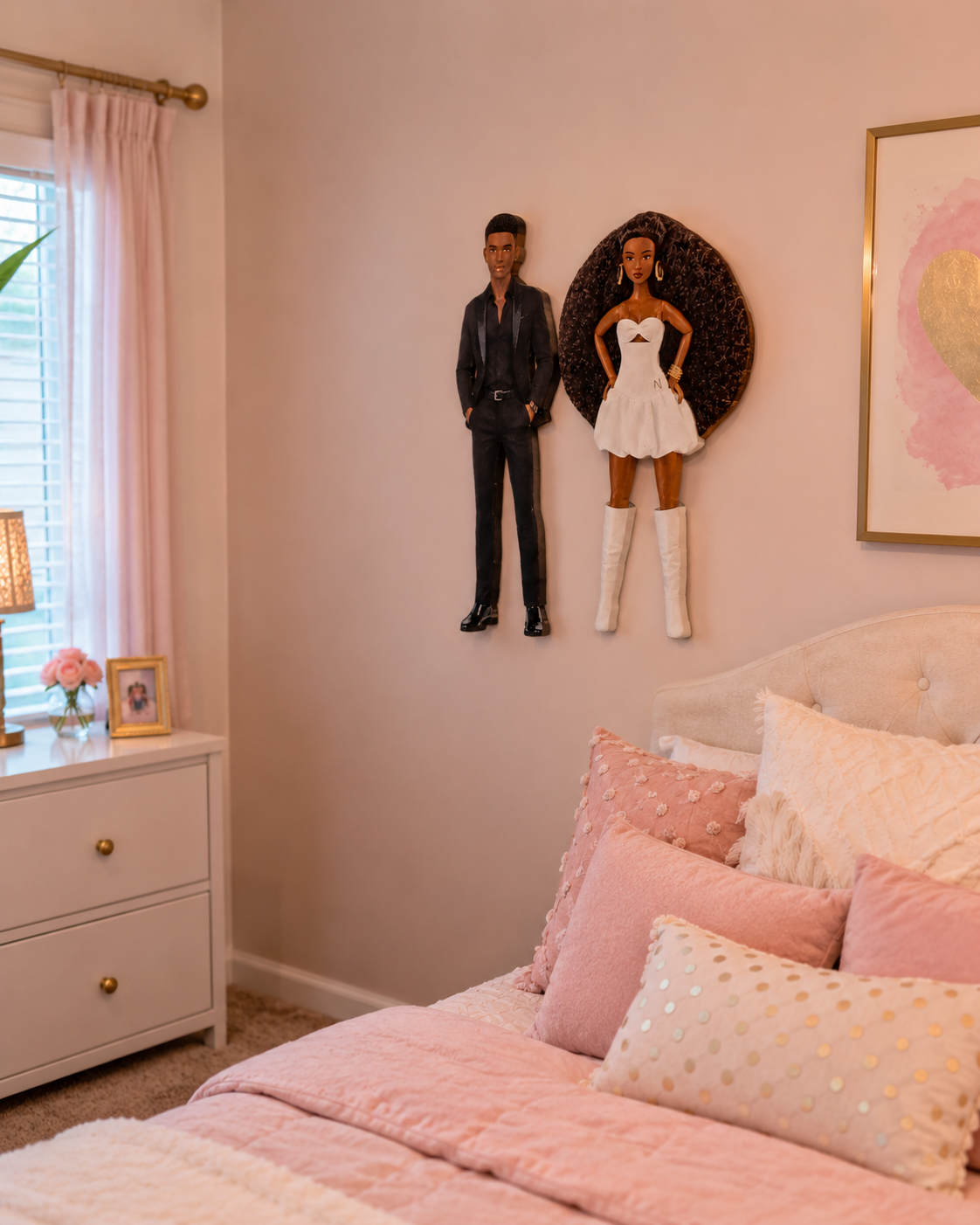 12x18 Wooden Black Barbie & Ken Wall Art | Glossy Handmade Couple Cutouts | Black Couple Bedroom Decor | Fashion Doll Wall Hanging