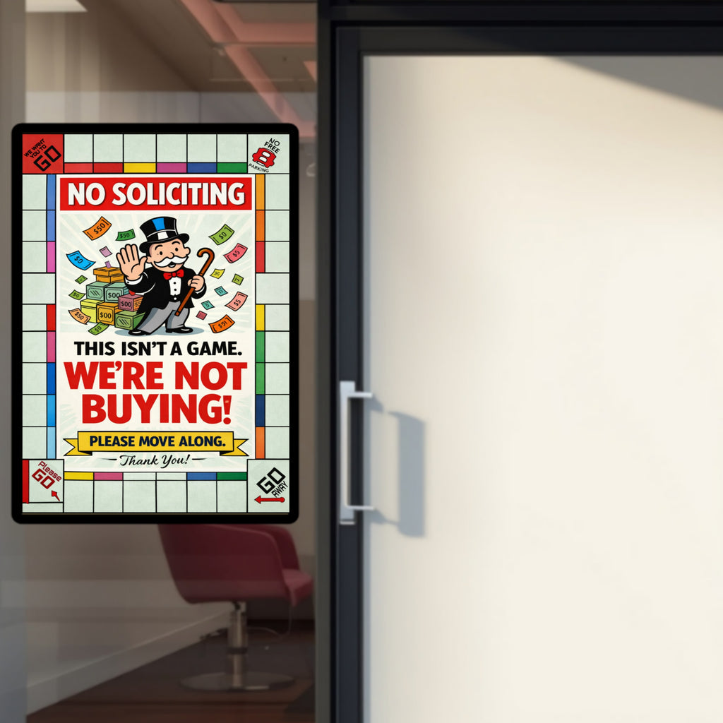 No Soliciting Monopoly Sign We’re Not Buying Please Move Along 13x19 Laminated Funny Door Sign No Salesmen Home Security Decor