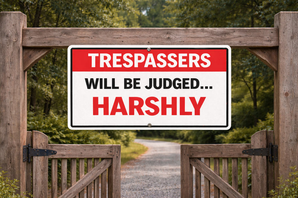 Trespassers Will Be Judged… Harshly Sign – 13x19 Laminated Warning Sign | Funny No Trespassing Sign | Fence, Gate, or Property Sign