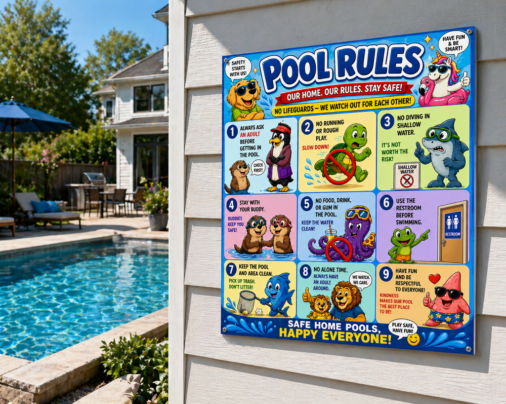 Kids Pool Rules Sign 13x19 Laminated Pool Safety Poster Cartoon Swimming Rules Decor Backyard Family Pool Wall Art