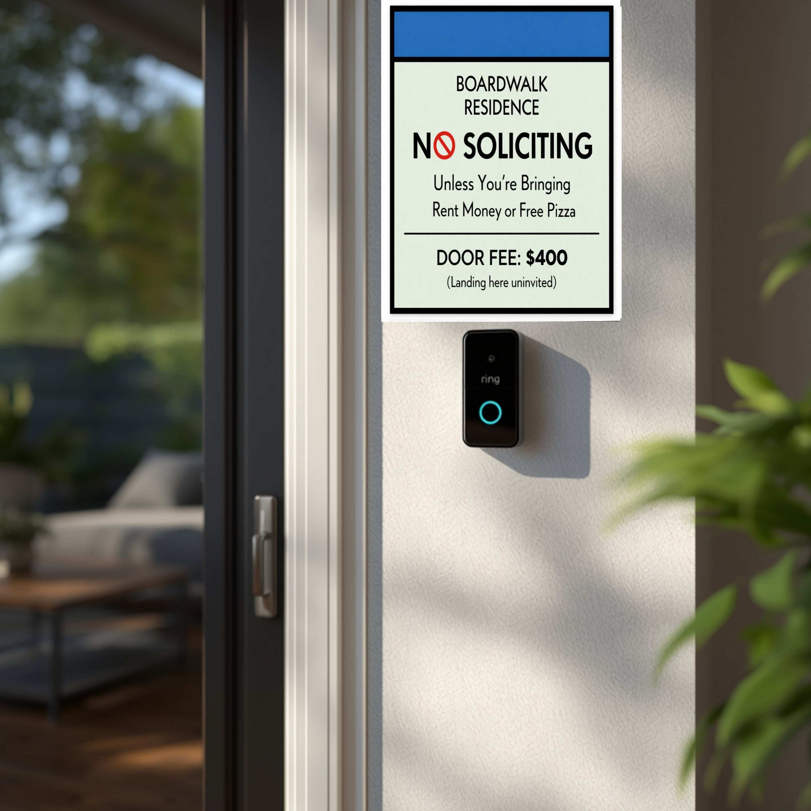 Boardwalk No Soliciting Sign – Funny Door Sign | “Unless You’re Bringing Rent or Pizza” | Modern Home Entry Decor