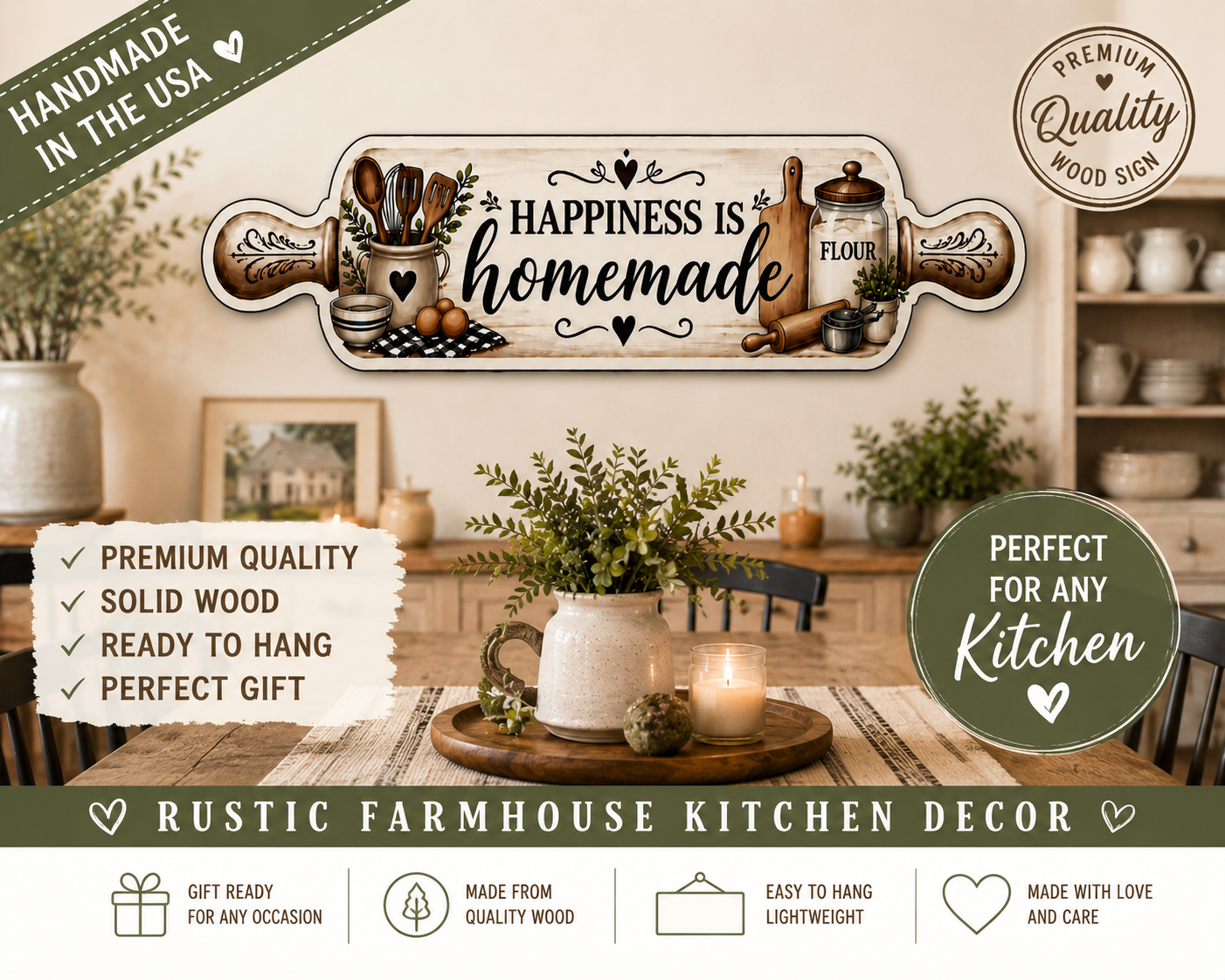 Real Wood Rolling Pin Kitchen Sign | Farmhouse Kitchen Decor | Handmade Rustic Wall Hanging | Happiness Is Homemade Sign