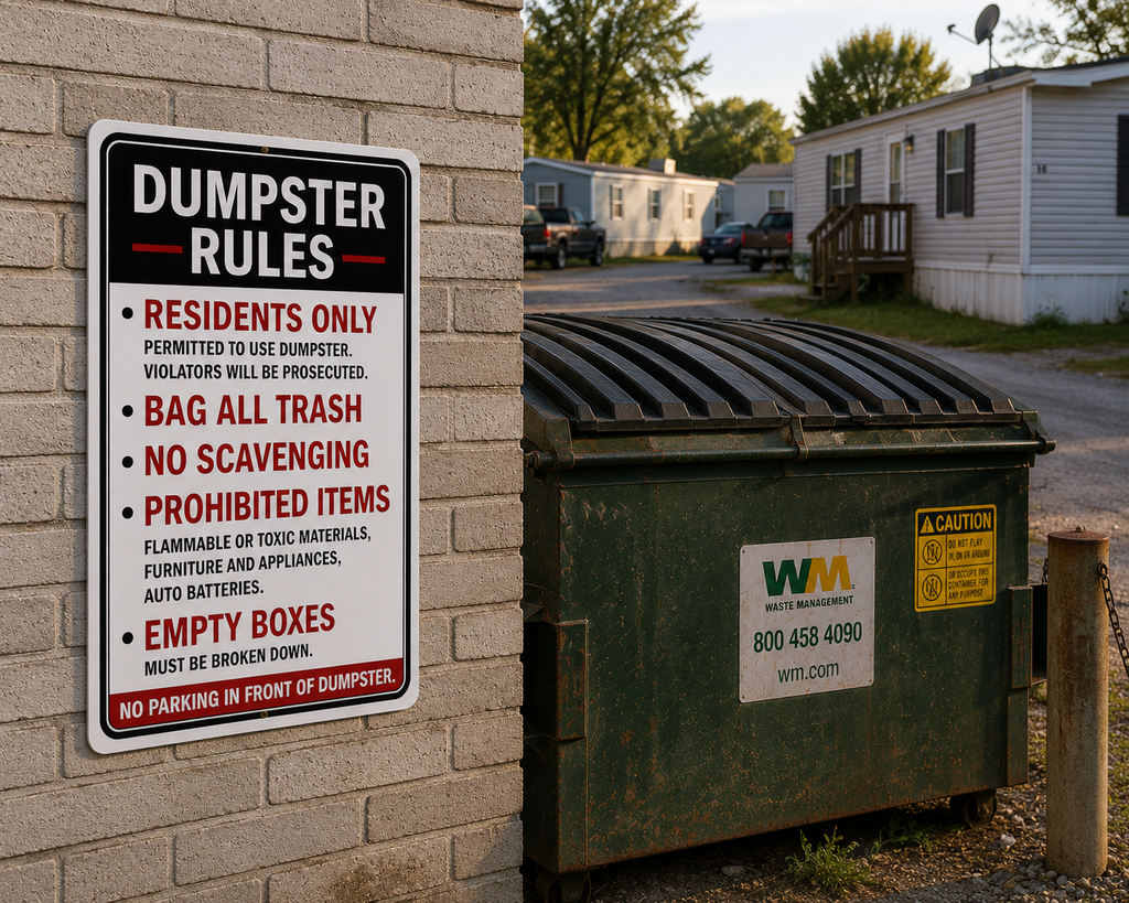 Dumpster Rules Sign Laminated 13x19 | Apartment Dumpster Rules Sign | Property Management Wall Sign | Trash Area Rules Decor