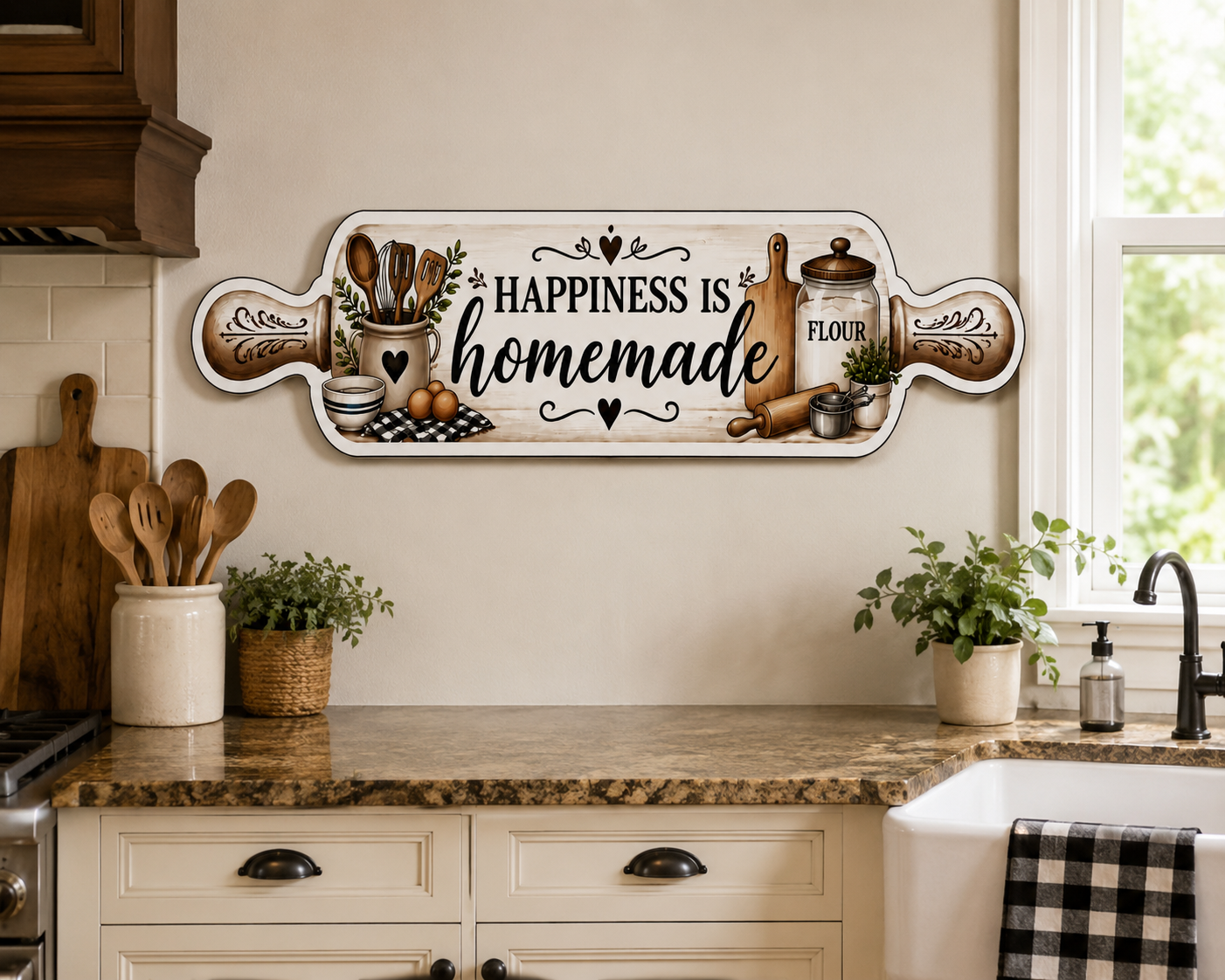 Real Wood Rolling Pin Kitchen Sign | Farmhouse Kitchen Decor | Handmade Rustic Wall Hanging | Happiness Is Homemade Sign