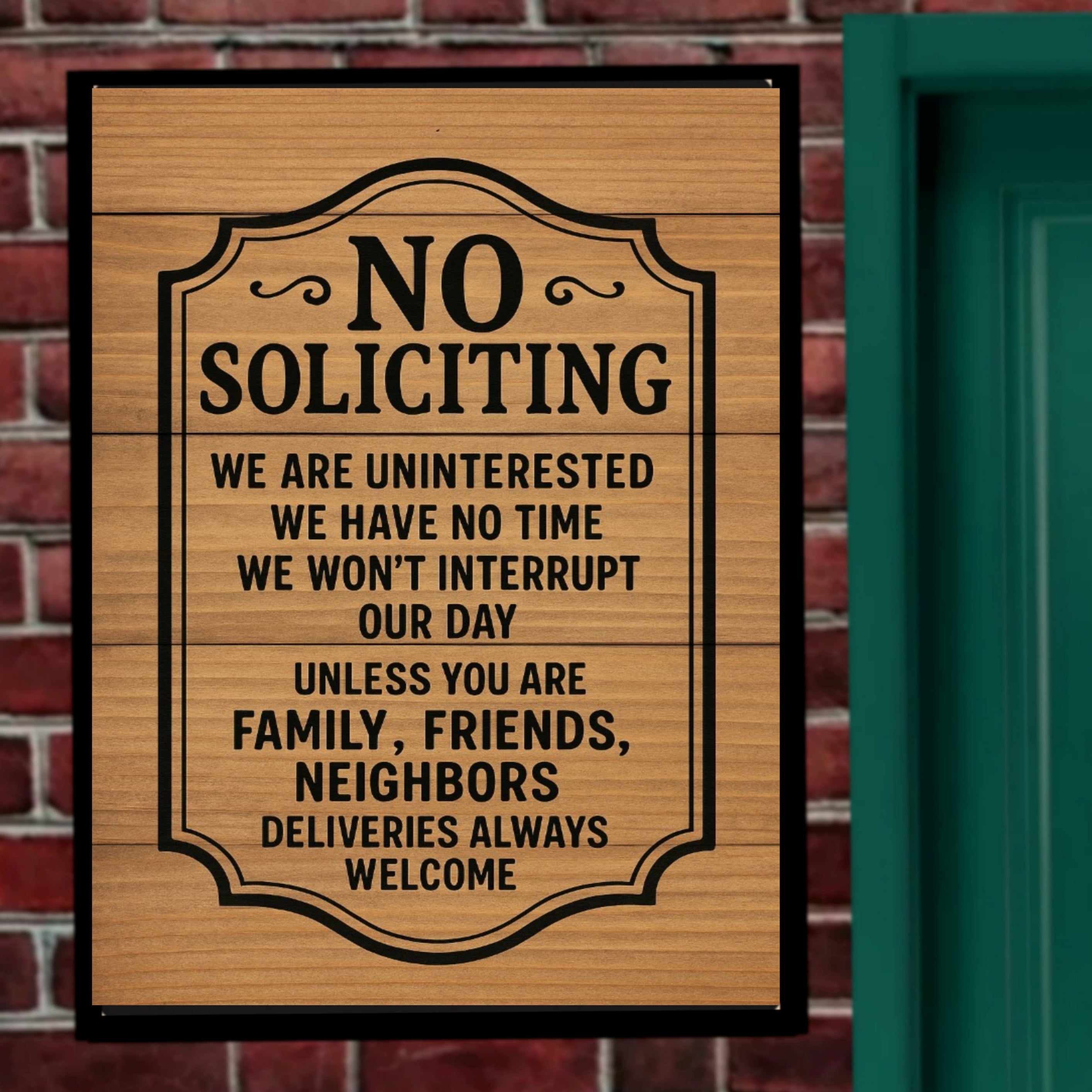 No Soliciting Door Sign – Laminated or Framed Front Door Warning | Rustic Wood Style Home Entry Sign